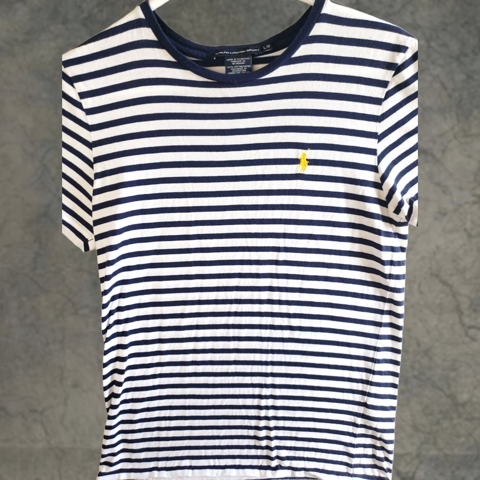 Polo Ralph Lauren VINTAGE Ralph Lauren Sport Shirt Womens L Blue Striped Short Sleeve Crew Neck Preppy Logo Casual All Seasons Men/Women Size L / US 10 / IT 46 - 1 Thumbnail