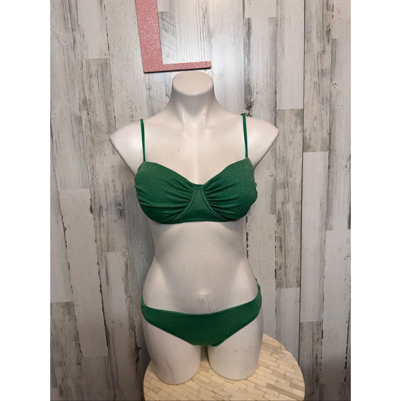 Other Green Sparkle 3-Piece Bikini Set Women’s Size L | Ruched Top + Bottoms + Sarong Cover Up Swimwear Size ONE SIZE - 9 Thumbnail