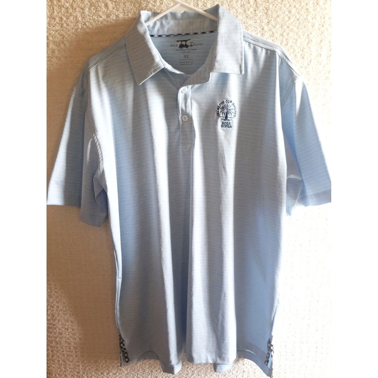 Vintage Bald Head Island Club Polo Shirt Mens XL Blue Yellow Striped Knit Polyester Spandex Logo Golf Shirt Size US XL / EU 56 / 4 - 2 Thumbnail