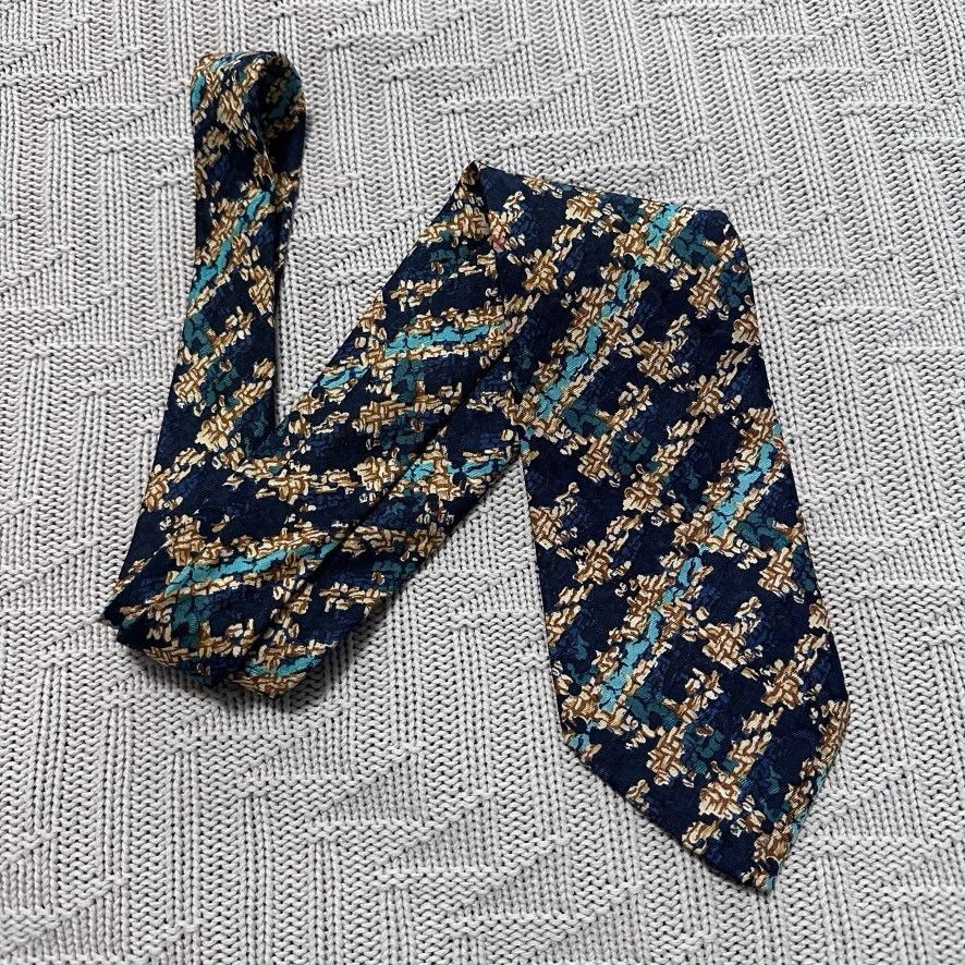 Vintage Vintage navy and gold abstract plaid silk tie Size ONE SIZE - 1 Thumbnail
