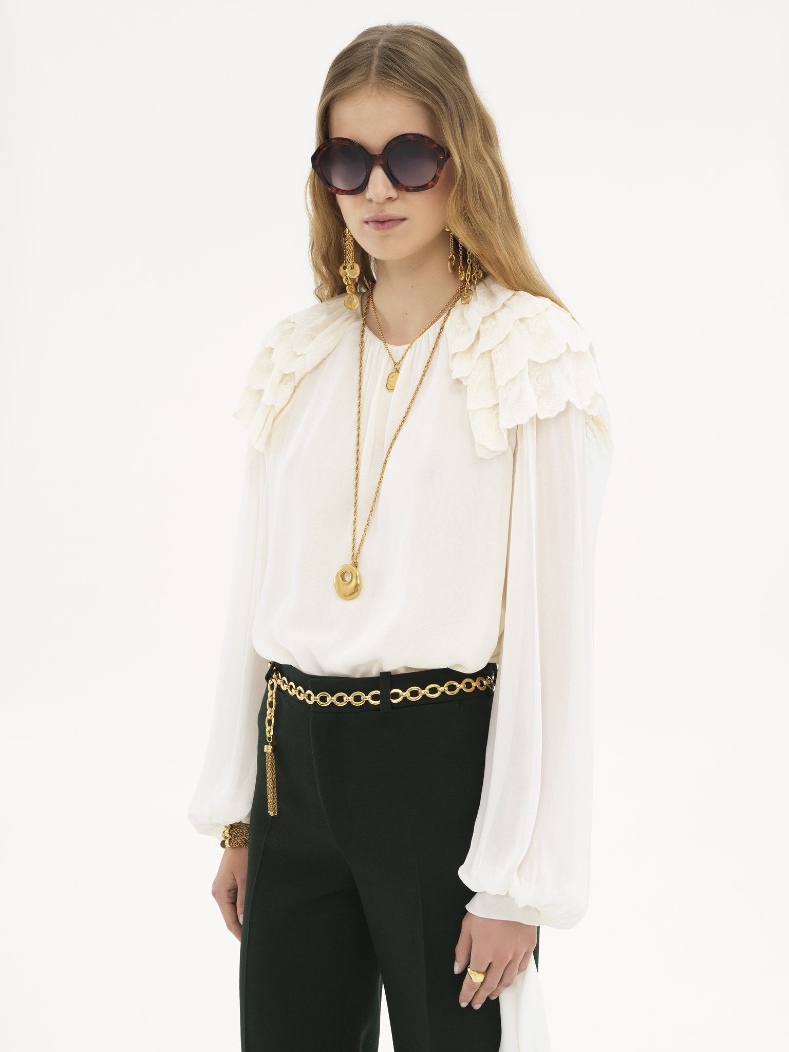Chloe o1loc1c11125 Long-sleeve Gathered Ruffle Top in Dusky White Size S / US 4 / IT 40 - 3 Thumbnail