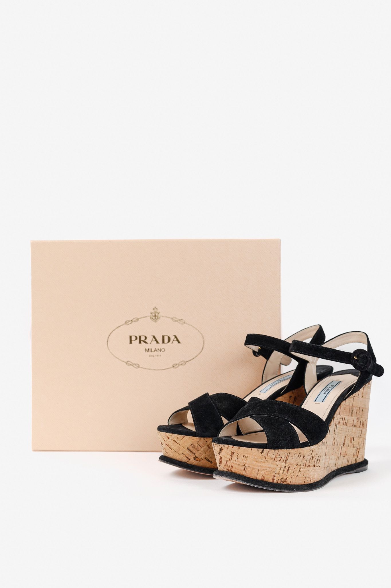 Prada Prada Nero Scamosciato Suede Cork Wedge Sandals Size US 6.5 / IT 36.5 - 11 Thumbnail
