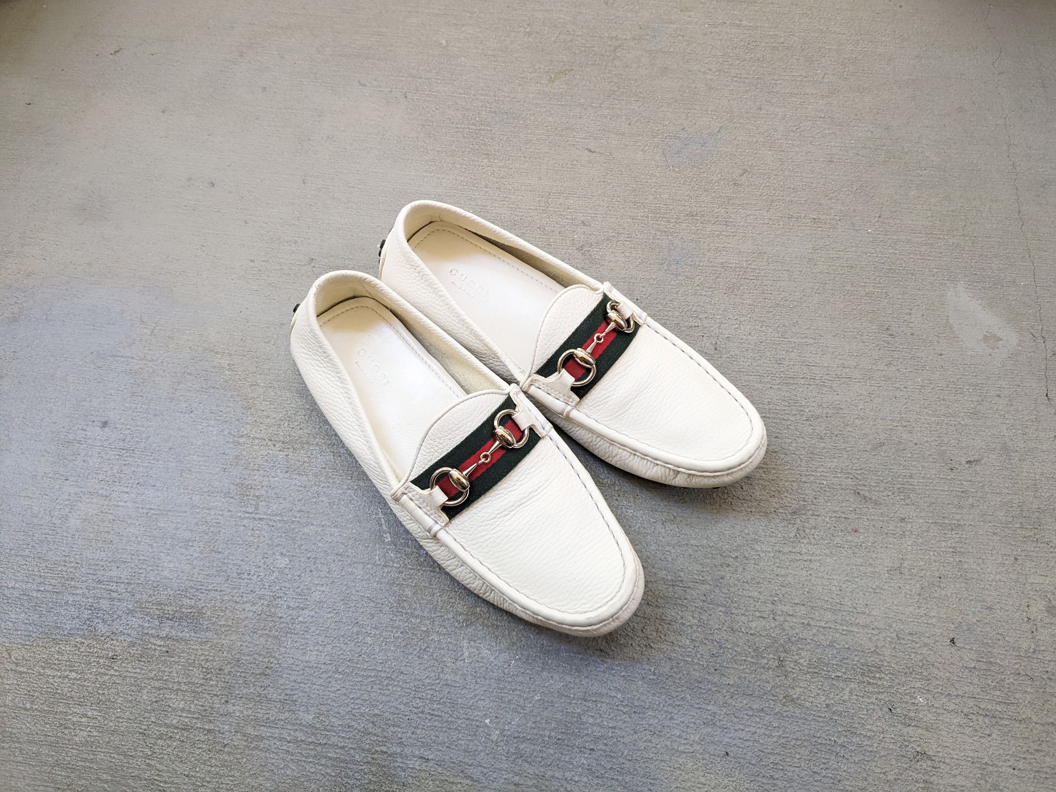image of Gucci Horsebit Driving Loafers White 6.5 Slip Ons Buckle, Men's