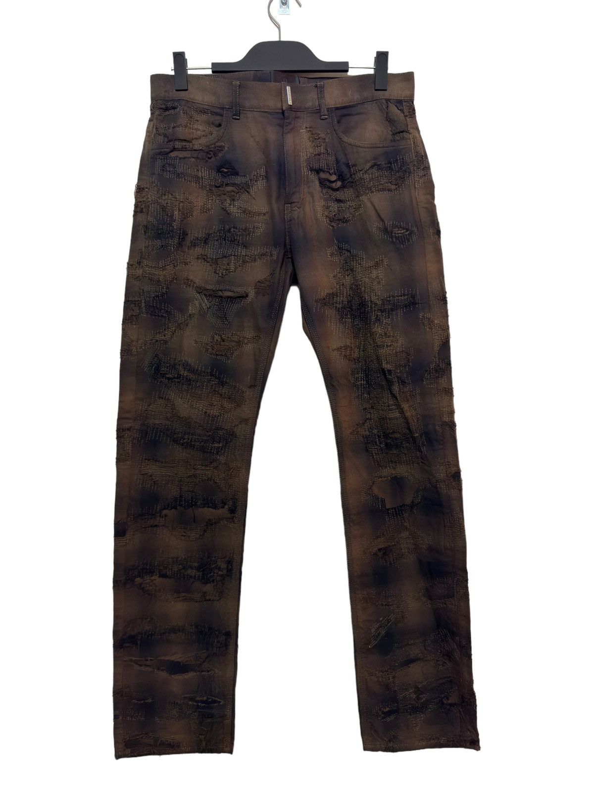 Image of Ss22 Givenchy Boro Distress Checker Plaid Straight Leg Pants in Brown Plaid, Men's (Size 34)