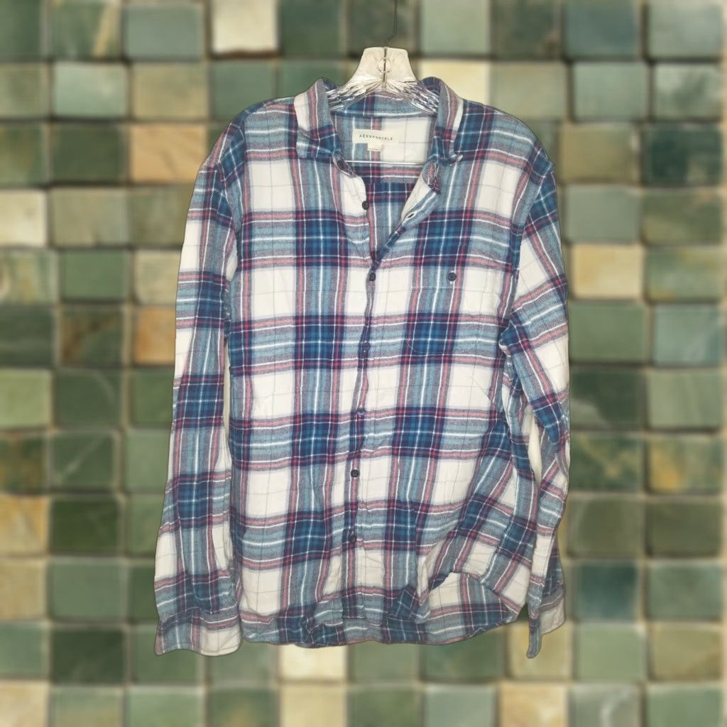 Aeropostale Aeropostale Womens Long Sleeve Flannel Blue White Red Size Large L Blue Red White Colorful Button-Up Shirt Women Size L / US 10 / IT 46 - 1 Thumbnail