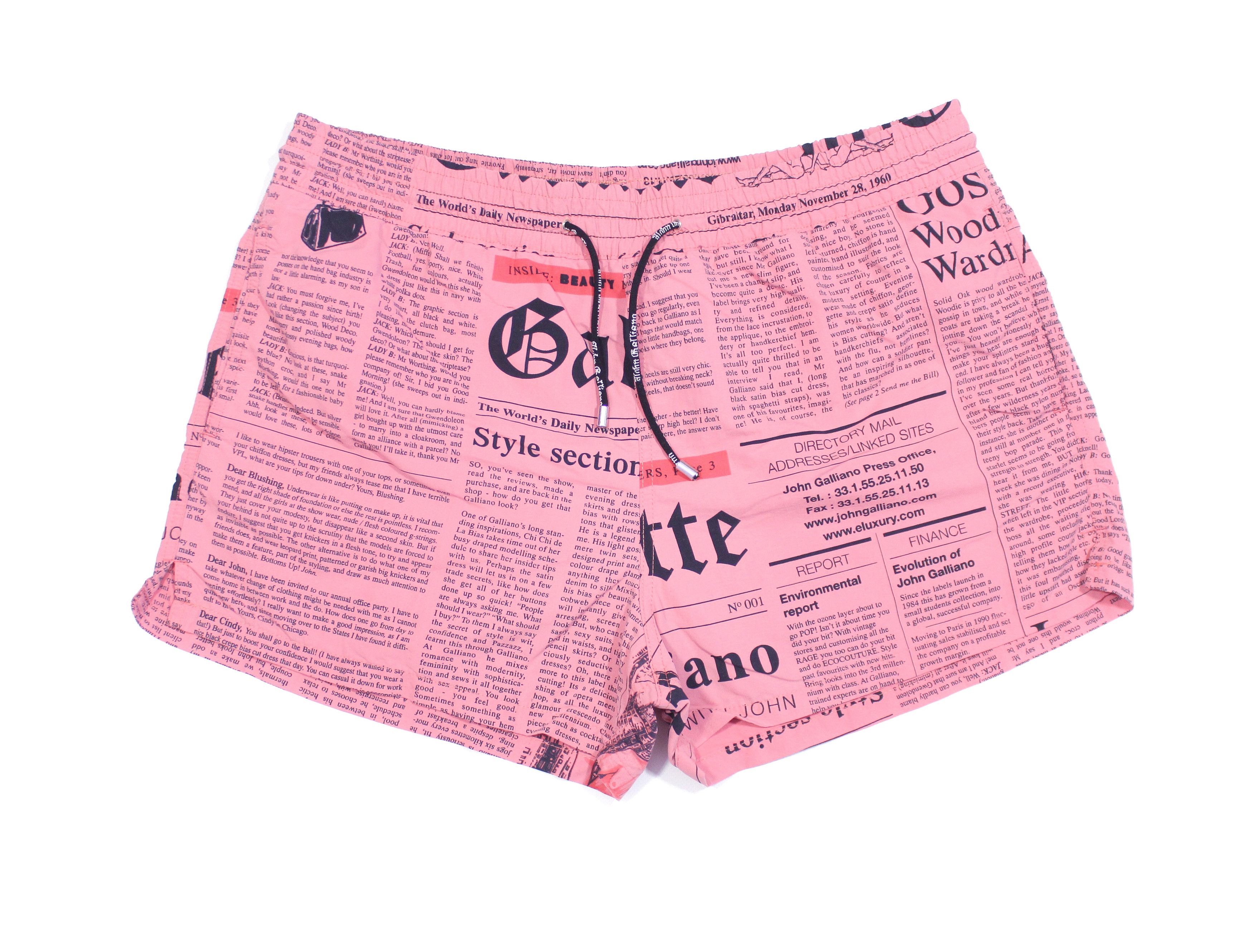 image of Galliano x John Galliano Gazette Newspaper Printed Nylon Swim Shorts in Pink, Men's (Size 34)