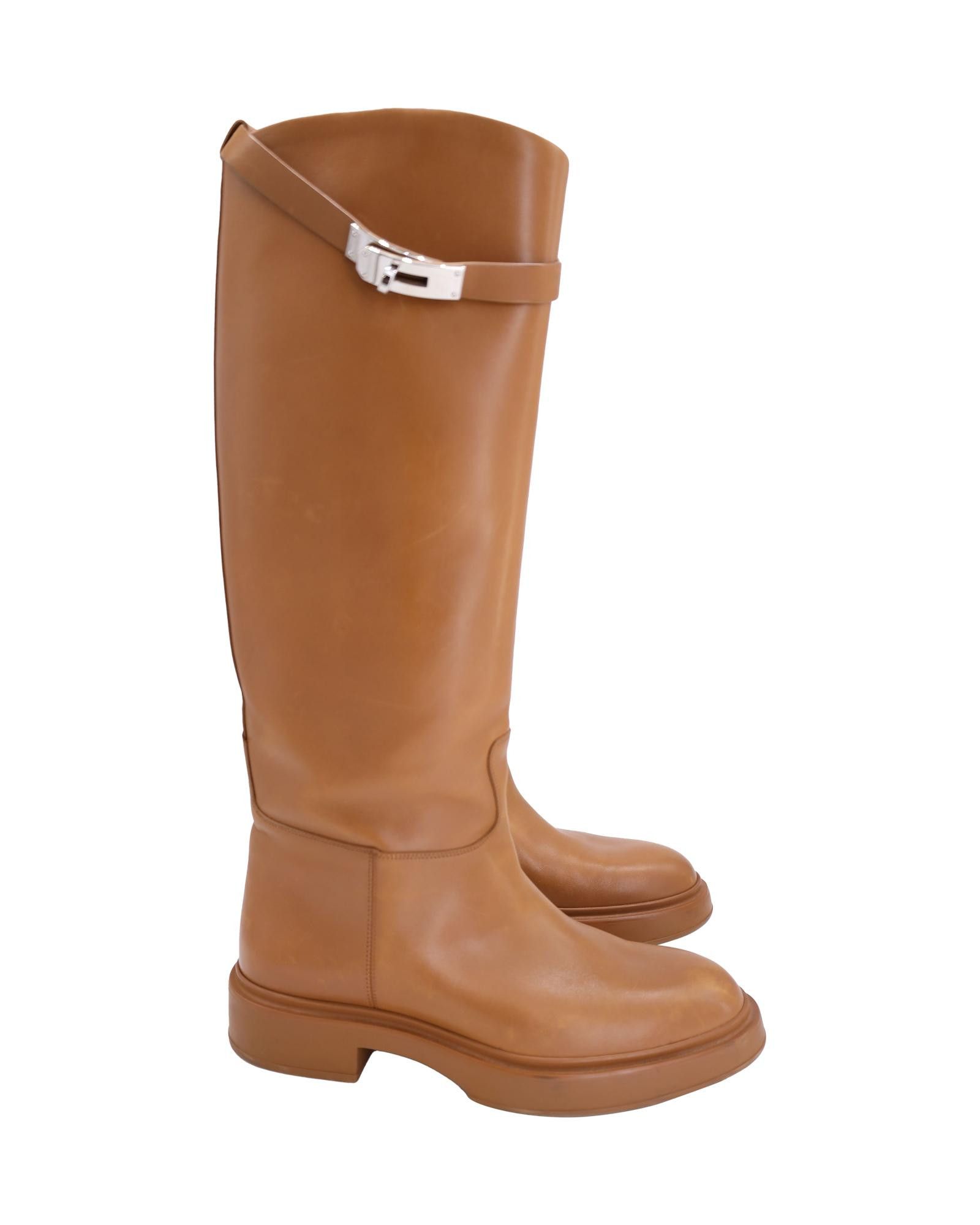 image of Brown Calfskin Leather Riding Boots With Palladium Turn-Lock By Hermes in Brown/Beige, Women's (Siz