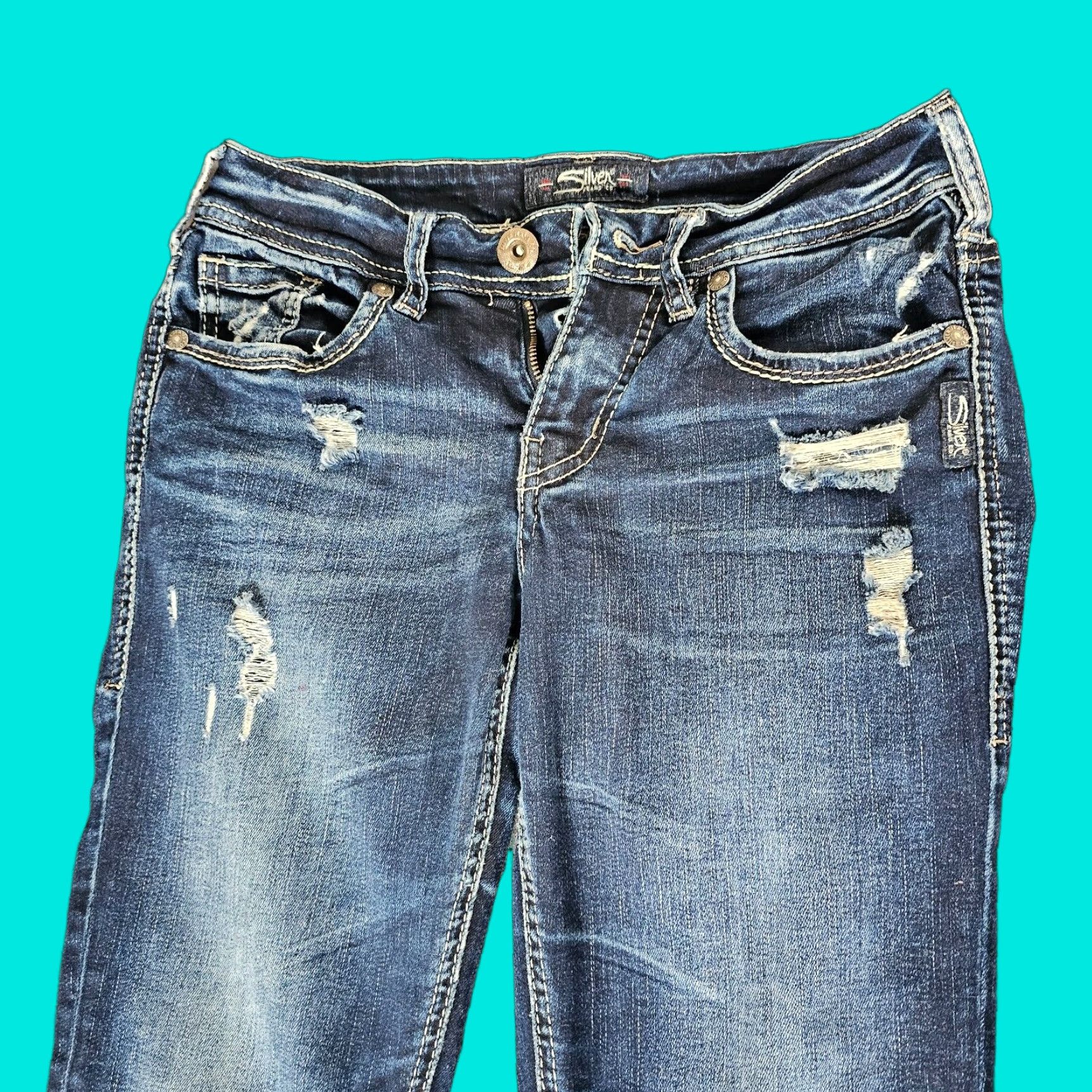 Silver Jeans Co. Silver Jeans Capri Jeans 25 Distressed Embroidered Dark Wash Blue Low Rise Women Size 42" / US 20 - 1 Thumbnail