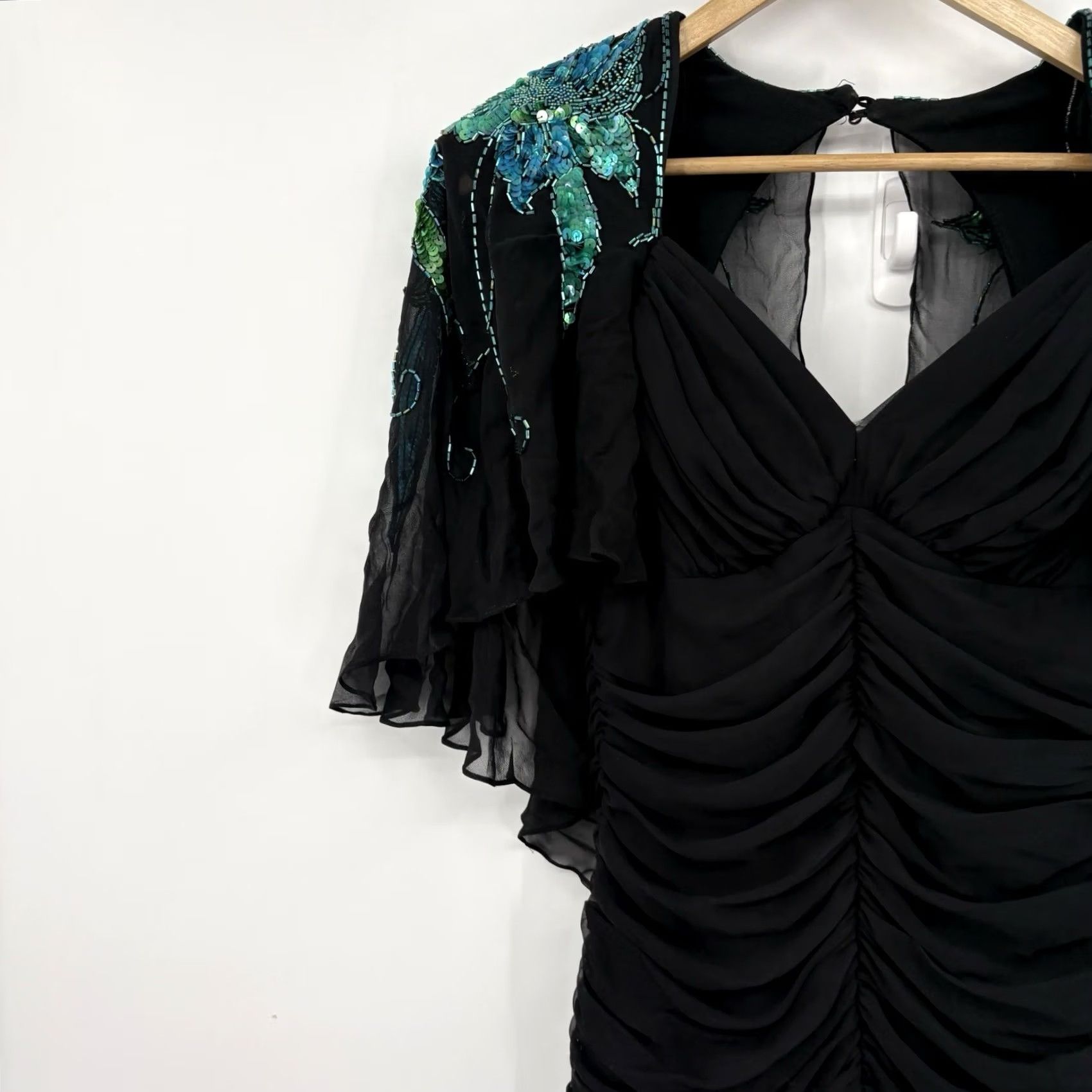 Casadei VINTAGE Casadei Dress Small Cocktail Fairy Grunge Sequin Glam Gala Capelet Draped Dress Black S Women Long Belted Caplet Flutter Sleeves Sequin Size S / US 4 / IT 40 - 3 Thumbnail