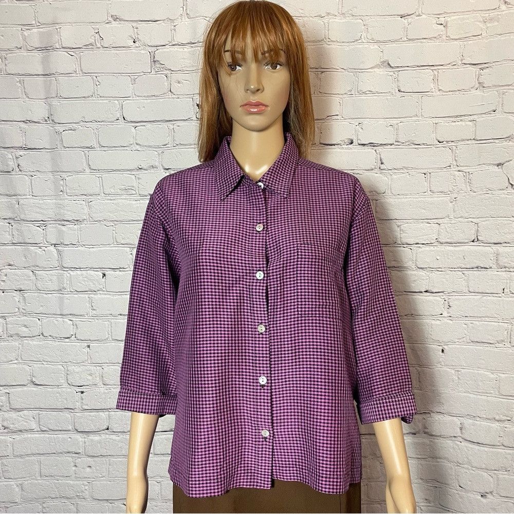 Chicos Chico's Design Silk Purple Plaid 3/5 Sleeve Shirt Size 1 US Size M / US 6-8 / IT 42-44 - 1 Thumbnail