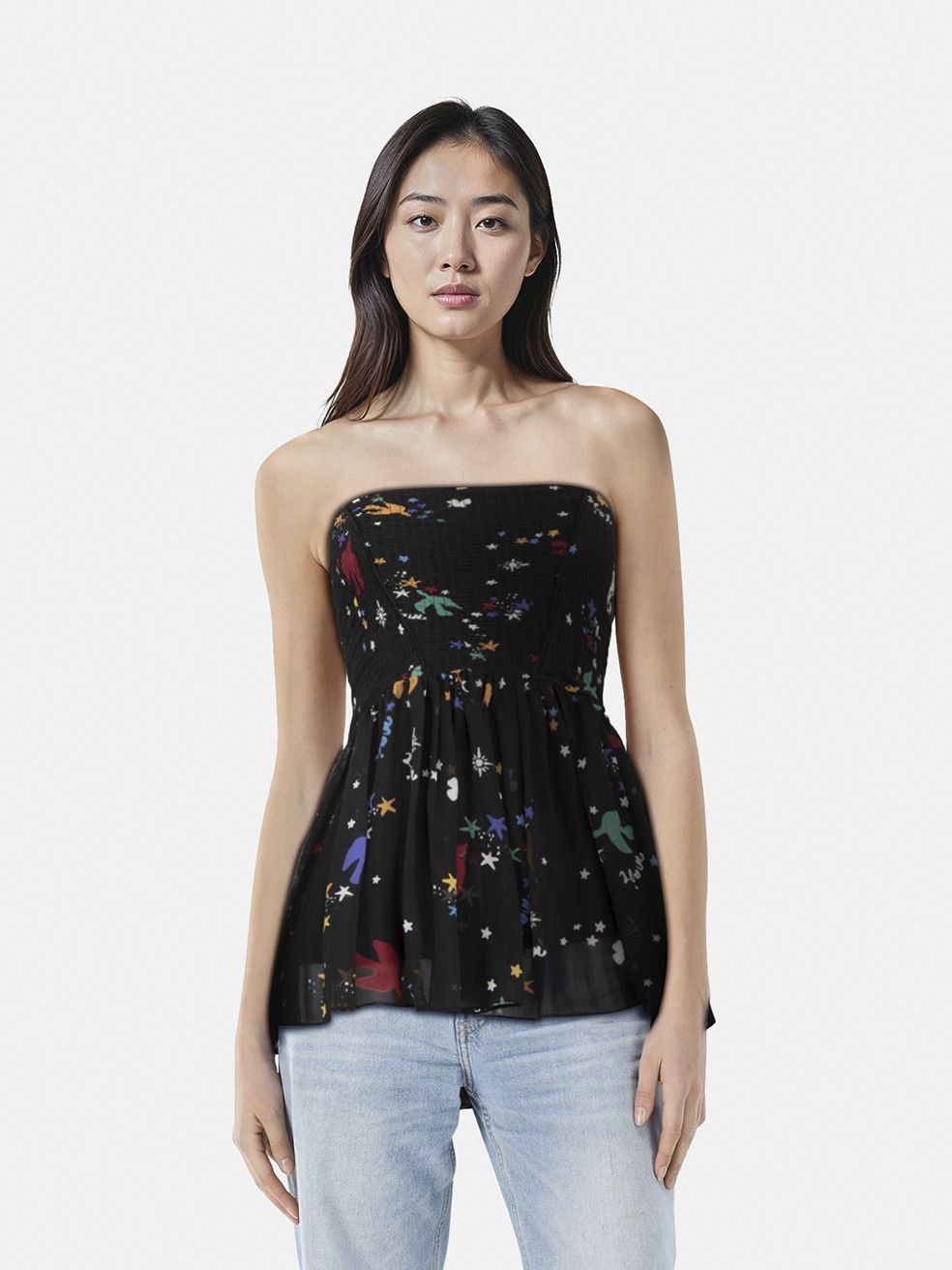 Maje Black Abstract Ruched Strapless Top Size S / US 4 / IT 40 - 1 Thumbnail