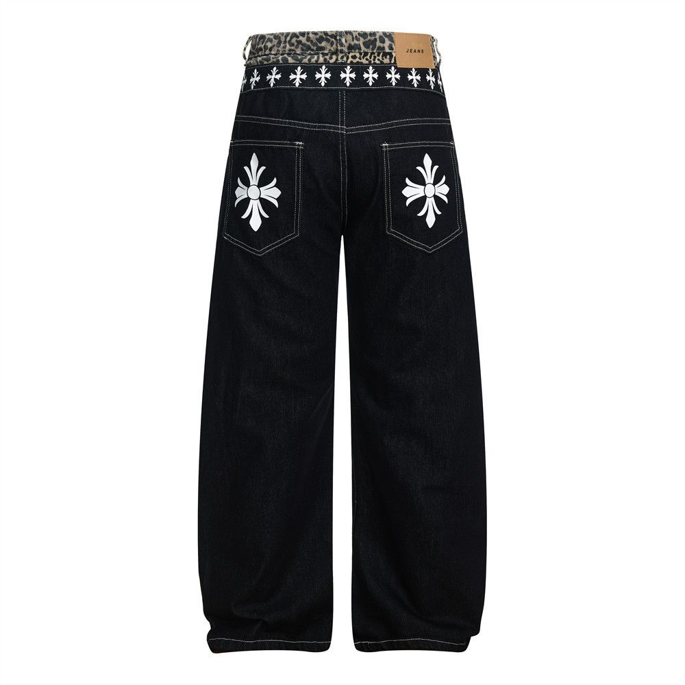 Jean Men's trendy leopard print patchwork faux two-piece jeans Size US 32 / EU 48 - 1 Thumbnail