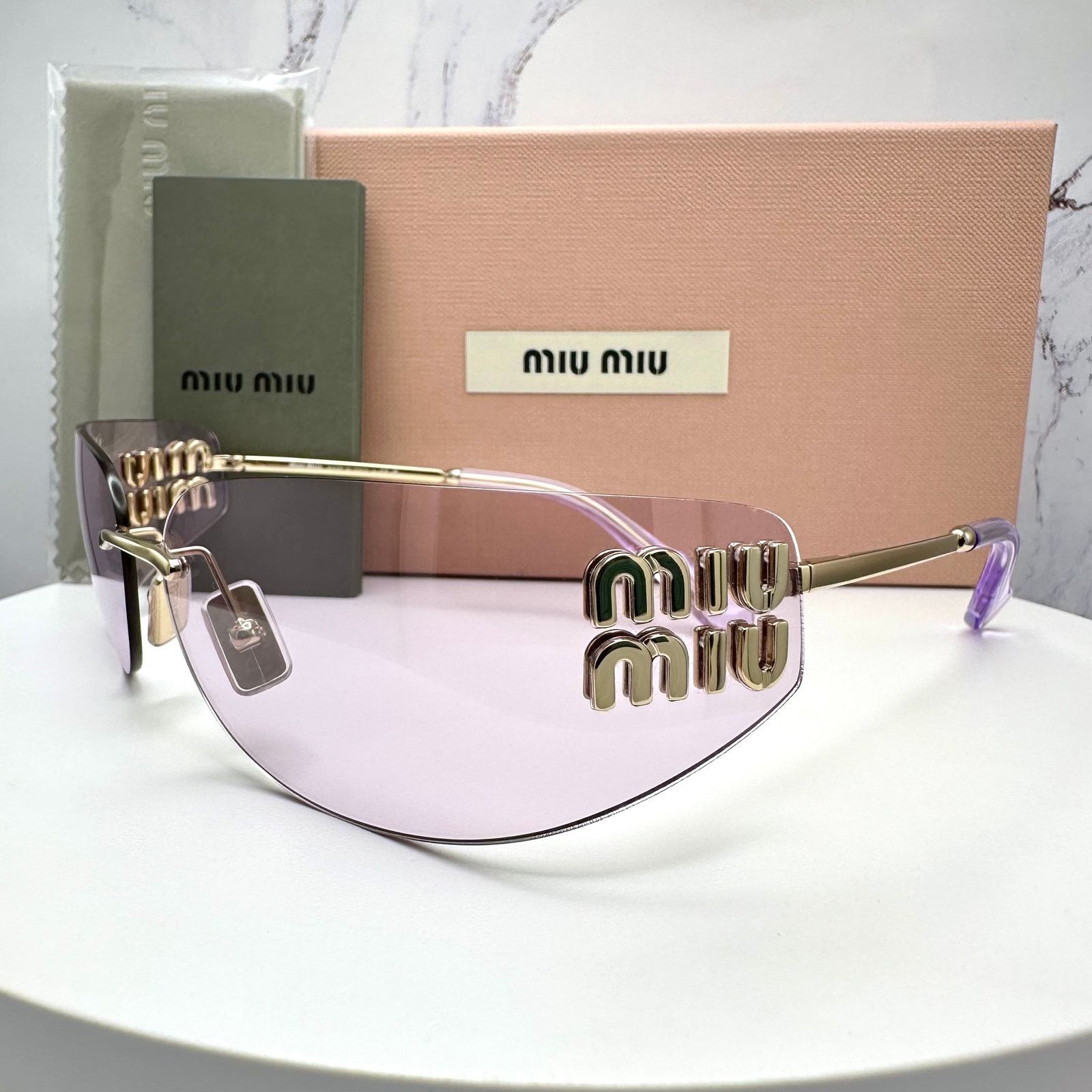 New MIU MIU Sunglasses Gold Pink Wrap AUTHENTIC Runway 2025
