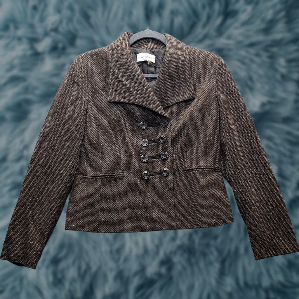 Calvin Klein Calvin Klein Blazer Jacket Womens Size 10 Brown Tweed Wool Textured Double Breasted Blazer Size L / US 10 / IT 46 - 1 Thumbnail