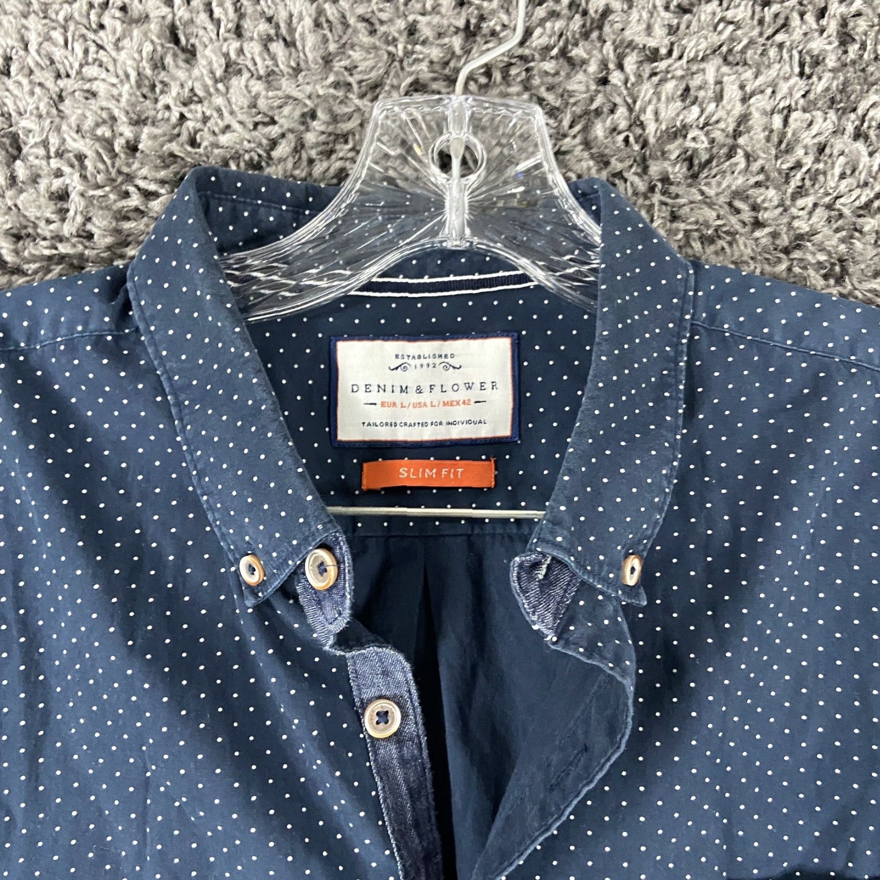 Denime DENIM & FLOWER Men's Button Up Shirt, Polka Dot, Long Sleeve, Size M, Blue, Floral Theme Size US M / EU 48-50 / 2 - 5 Thumbnail