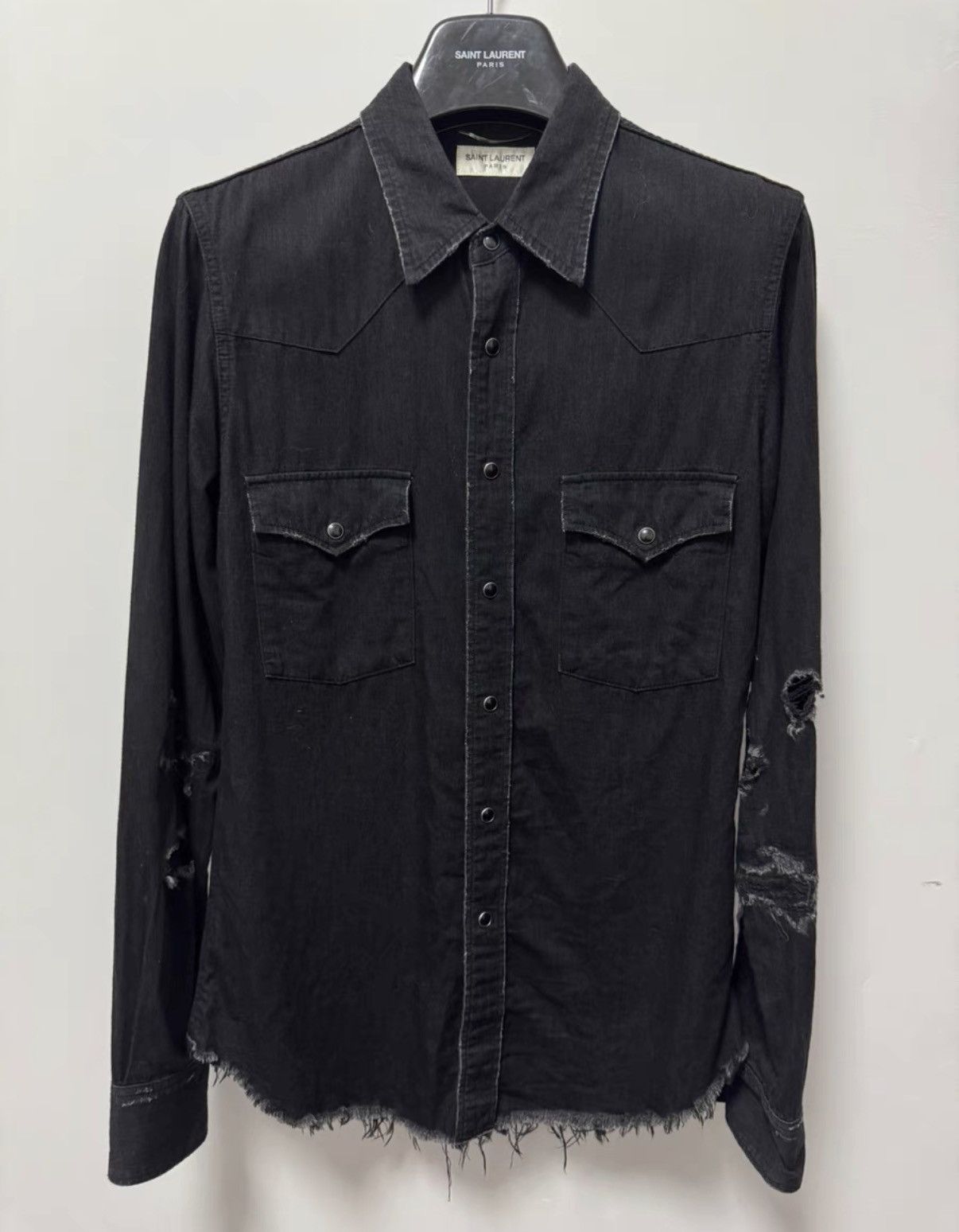 Saint Laurent Paris SLP 16SS Runway Cat's Eye Distressed Frayed Denim Shirt Size US S / EU 44-46 / 1 - 1 Thumbnail