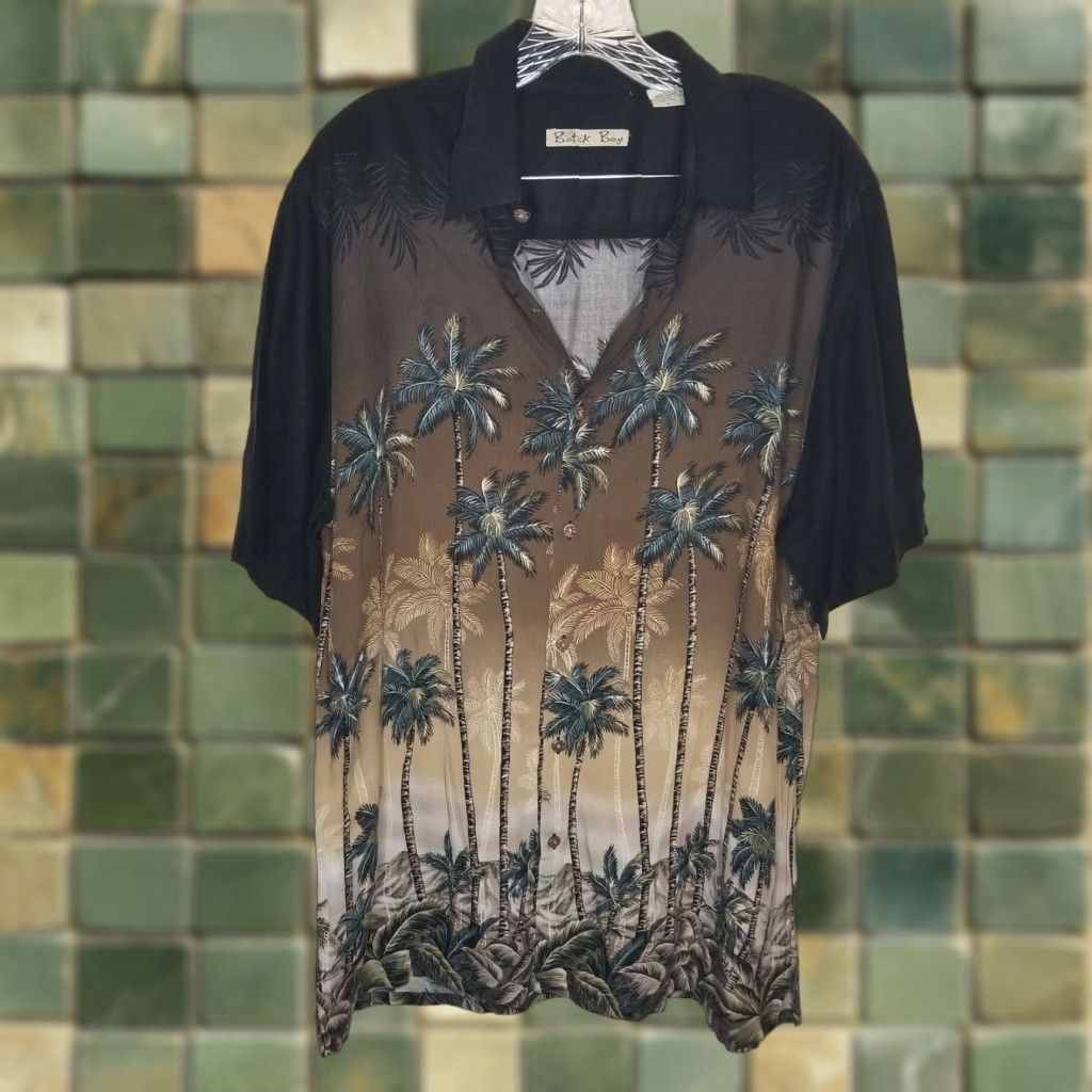 Vintage BATIK BAY Shirt Adult Size L Brown Palm Tree Hawaiian Button-Up Mens Size US 33 - 1 Thumbnail