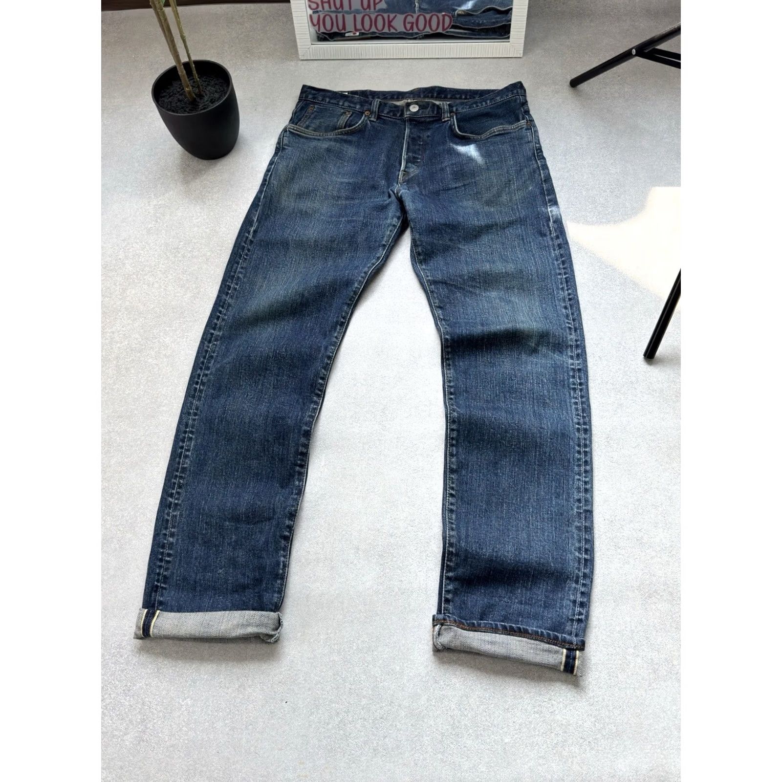 Edwin VINTAGE Edwin Jeans Men Size M 32x32 Selvedge Blue Denim Straight 90s USA Japan Edvin Jeans Streetwear Casual Designer Size US 31 - 2 Thumbnail