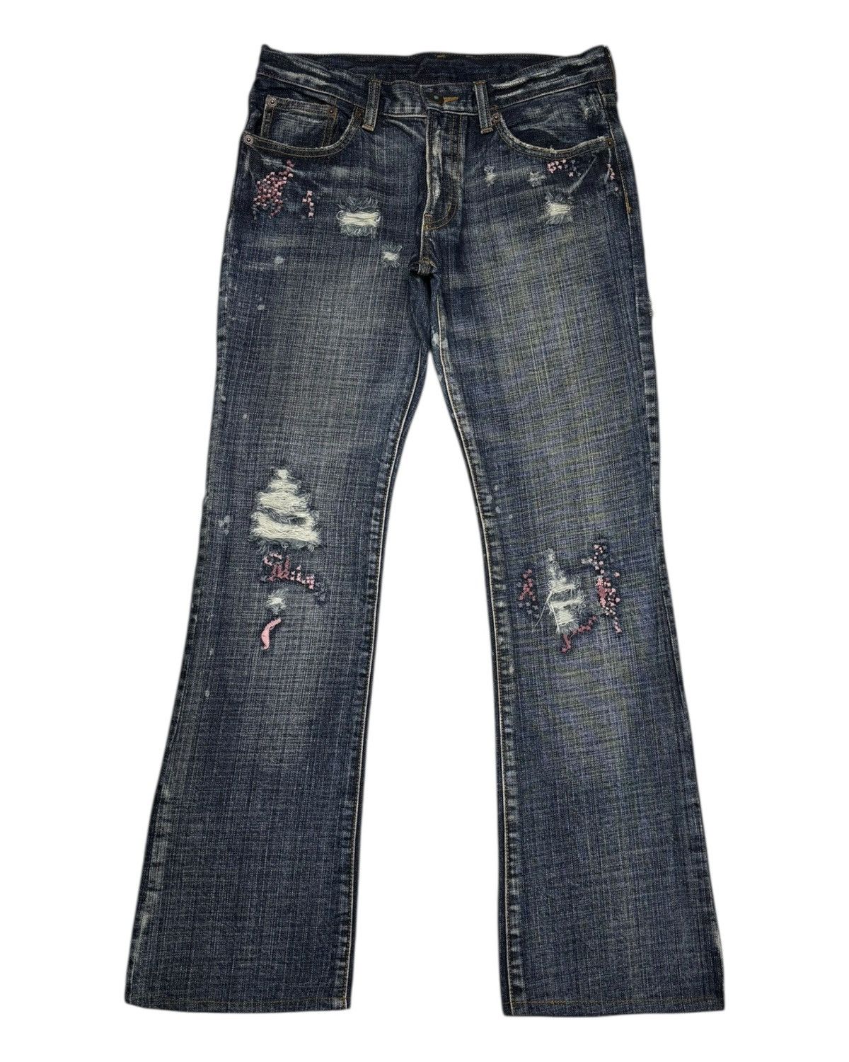 Army Of Me × If Six Was Nine × Japanese Brand Flare Jeans Bootcut Coat Of Arms Distressed Jeans Size 29" - 7 Thumbnail