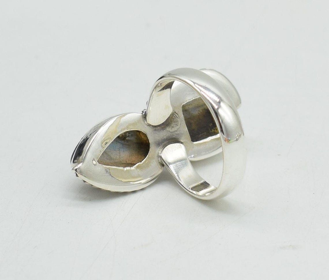 Handmade Blue Fire Labradorite Ring: 925K Silver Boho Bridal Jewelry Size ONE SIZE - 5 Thumbnail