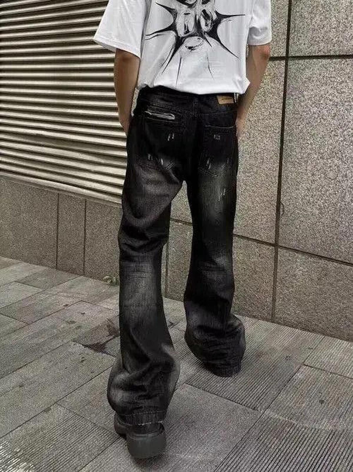 Jean × Vintage Black Washed Stacked Flared Denim Jeans Size US 30 / EU 46 - 2 Thumbnail