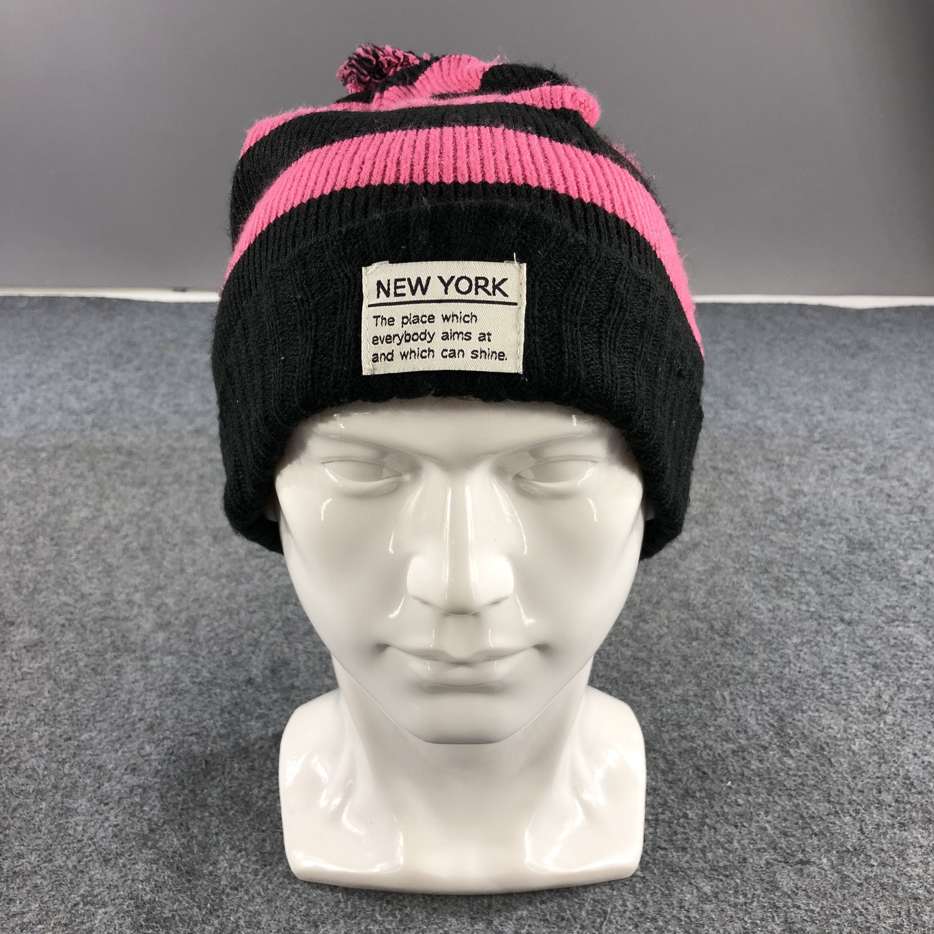 Vintage New York Pink Striped Bobble Beanie Snowcap Snow Hat B301 Size ONE SIZE - 1 Thumbnail