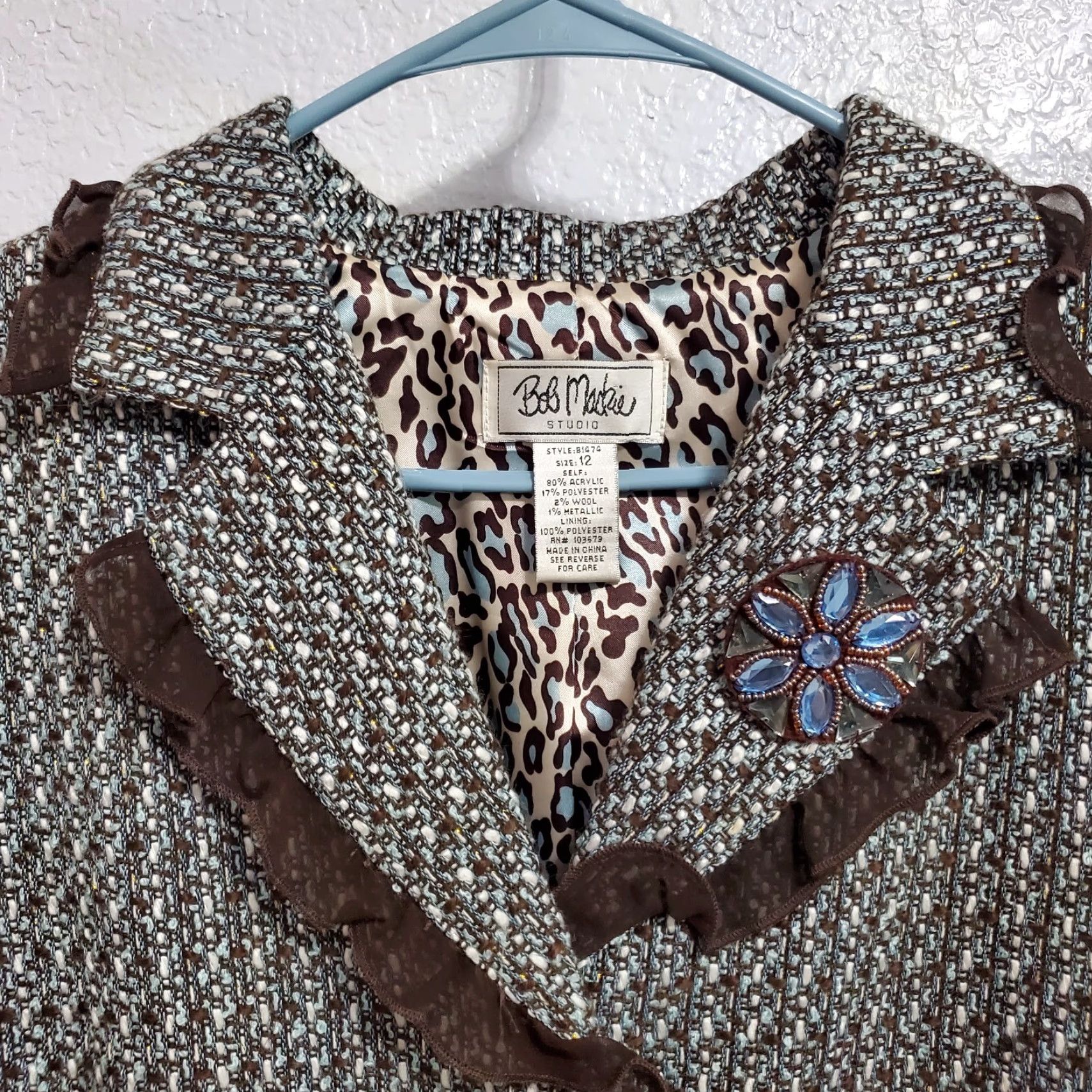 Bob Mackie VINTAGE Bob Mackie Studio Jacket Blazer Womens 12 Brown Blue Tweed Ruffles Shoulder Pads Blazer Womens Size XL / US 12-14 / IT 48-50 - 4 Thumbnail