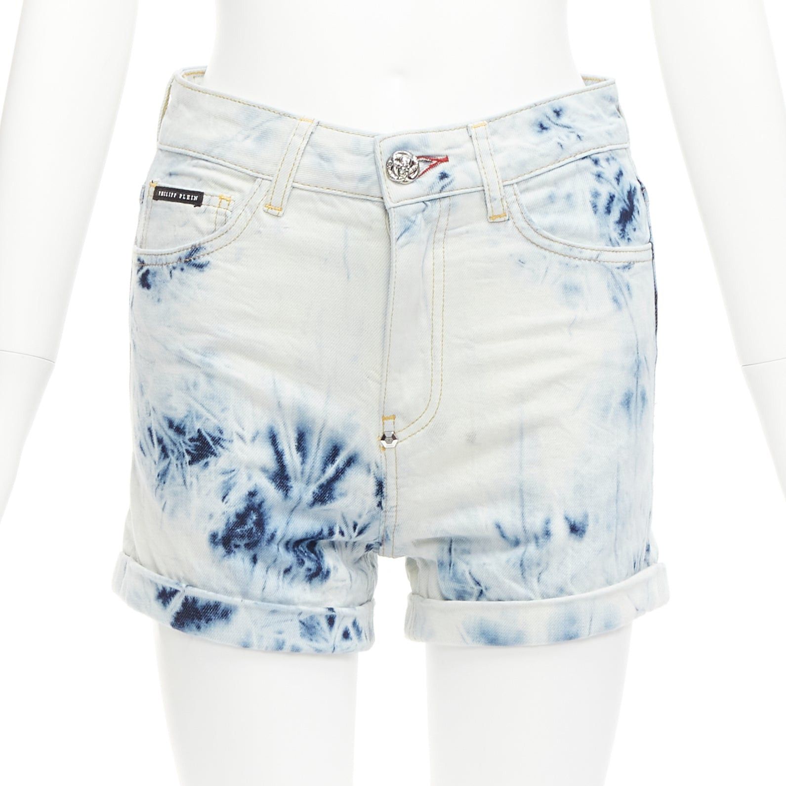 Philipp Plein PHILLIP PLEIN Hot Pants blue acid washed logo tag cuffed shorts 25" Size 26" / US 2 / IT 38 - 1 Thumbnail