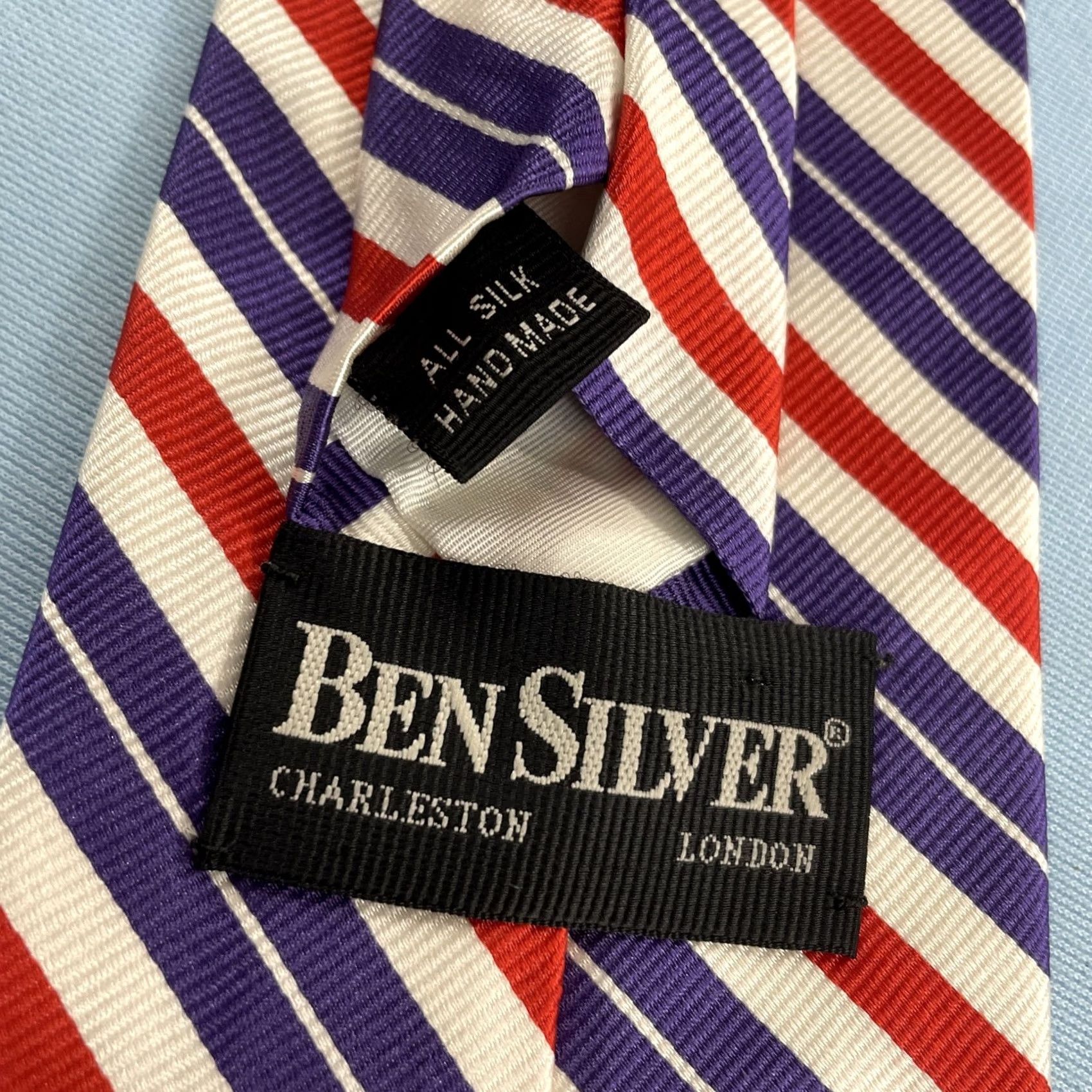 Vintage Ben Silver London Silk Repp Tie Purple Red White Stripe Vintage Handmade 3.5x57" Mens Tie Size ONE SIZE - 3 Thumbnail