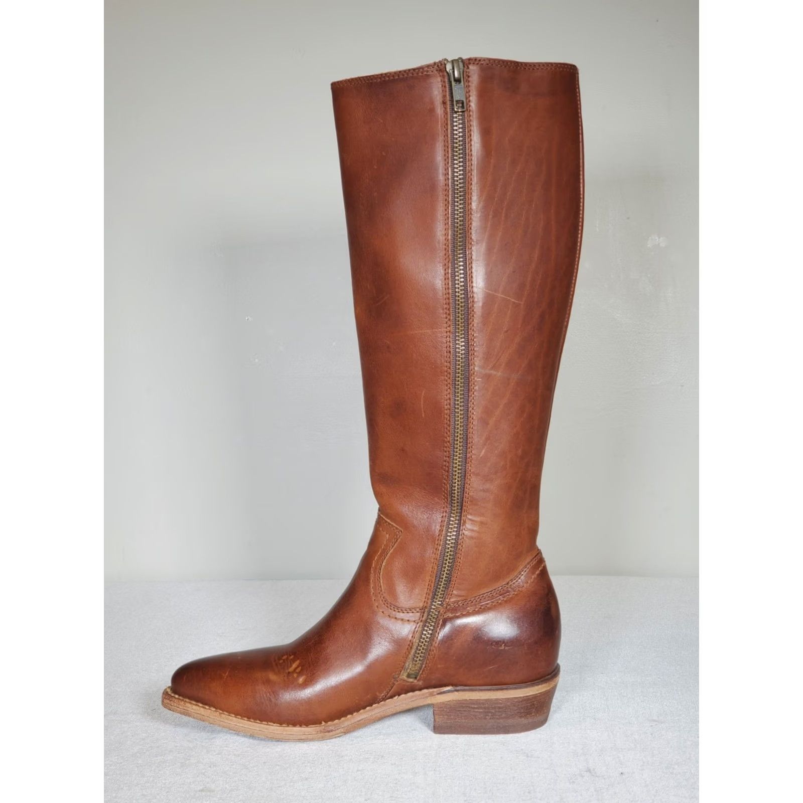 Frye VINTAGE FRYE Billy Inside Zip Tall Cowboy Boots Caramel Brown Leather 70810 Women's US 7.5 B Boots Mens Size US 8 / IT 38 - 3 Thumbnail