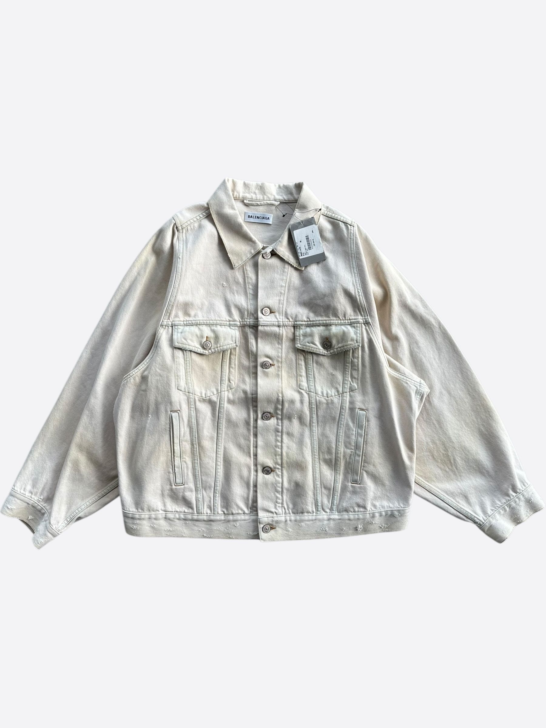 Balenciaga Balenciaga White & Beige Distressed Denim Jacket Size US XL / EU 56 / 4 - 1 Thumbnail