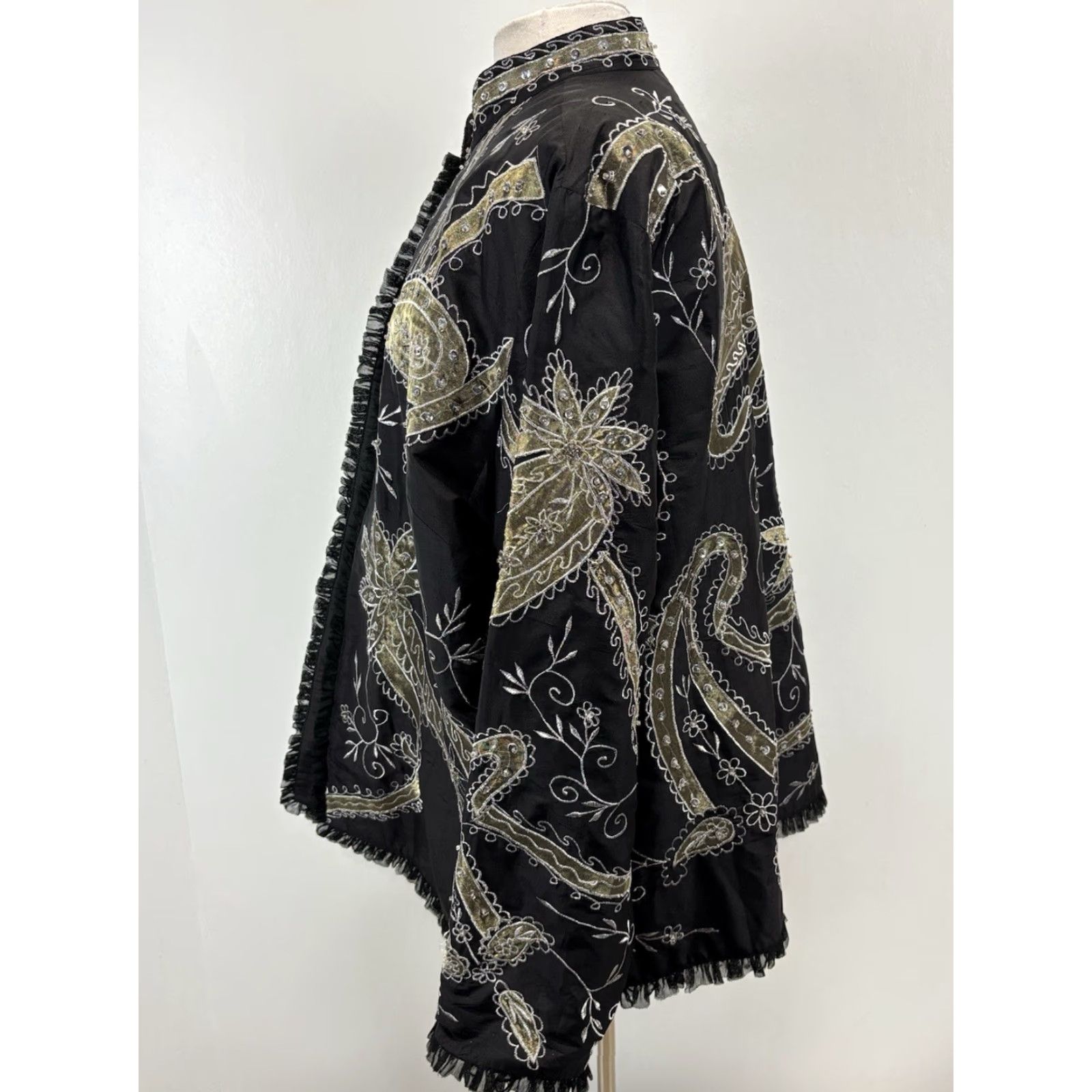 Vintage VINTAGE Anage Too Silk Jacket 2X Plus Black Beaded Lined Paisley Blazer 90s Womens Girls Mens? Size XXL / US 16-18 / IT 52-54 - 2 Thumbnail