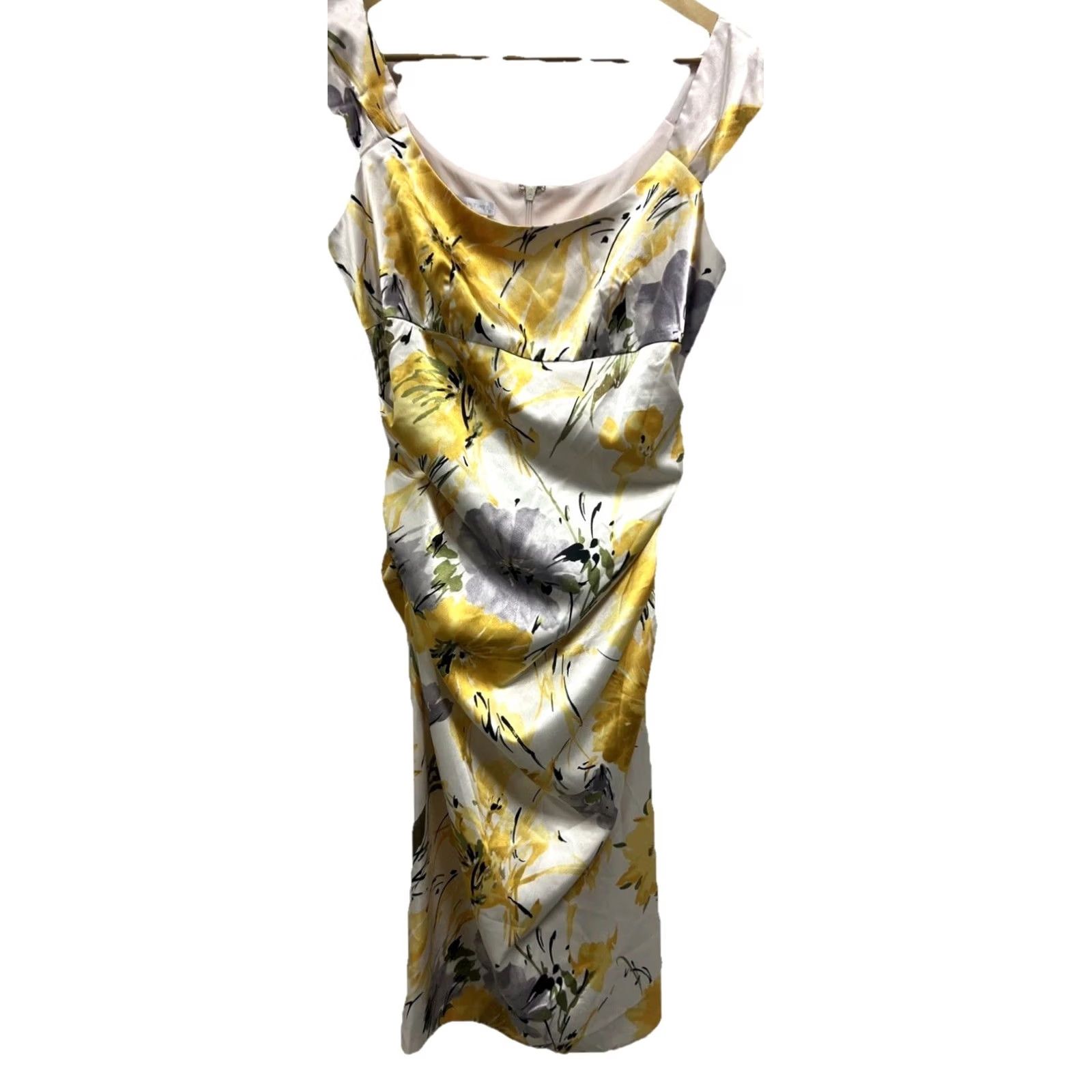Vintage VINTAGE? No — London Times Yellow Floral Dress Sleeveless Satin Sheath Cocktail Wedding Guest Dress 10 Womens Size L / US 10 / IT 46 - 3 Thumbnail