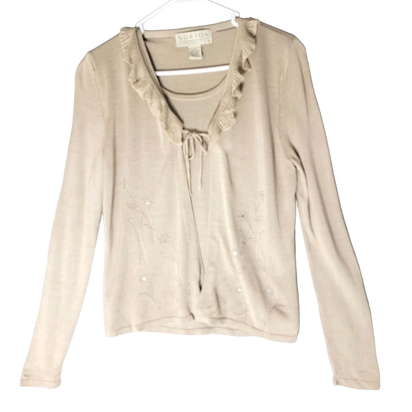 Vintage Norton McNaughton Silk Embroidered Sweater Sequin Beige Cami Ruffle Tie S Womens Pullover Vintage: No Size S / US 4 / IT 40 - 2 Thumbnail
