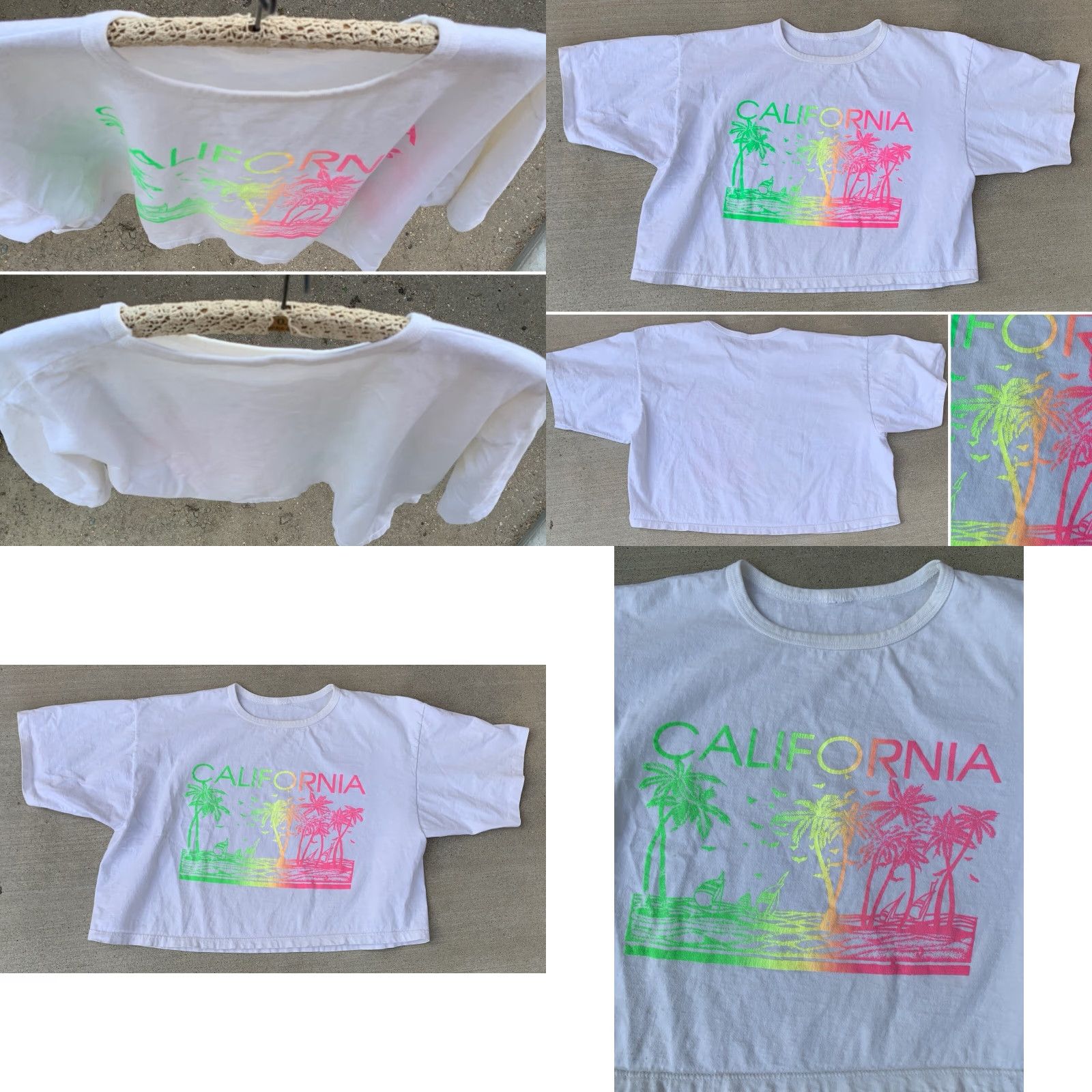 Vintage VINTAGE California Cropped T Shirt One Size White 80s 1980s Cropped T-Shirt Neon Graphics Sailboats Palm Trees Tropical Womens Shirt Size ONE SIZE - 8 Thumbnail
