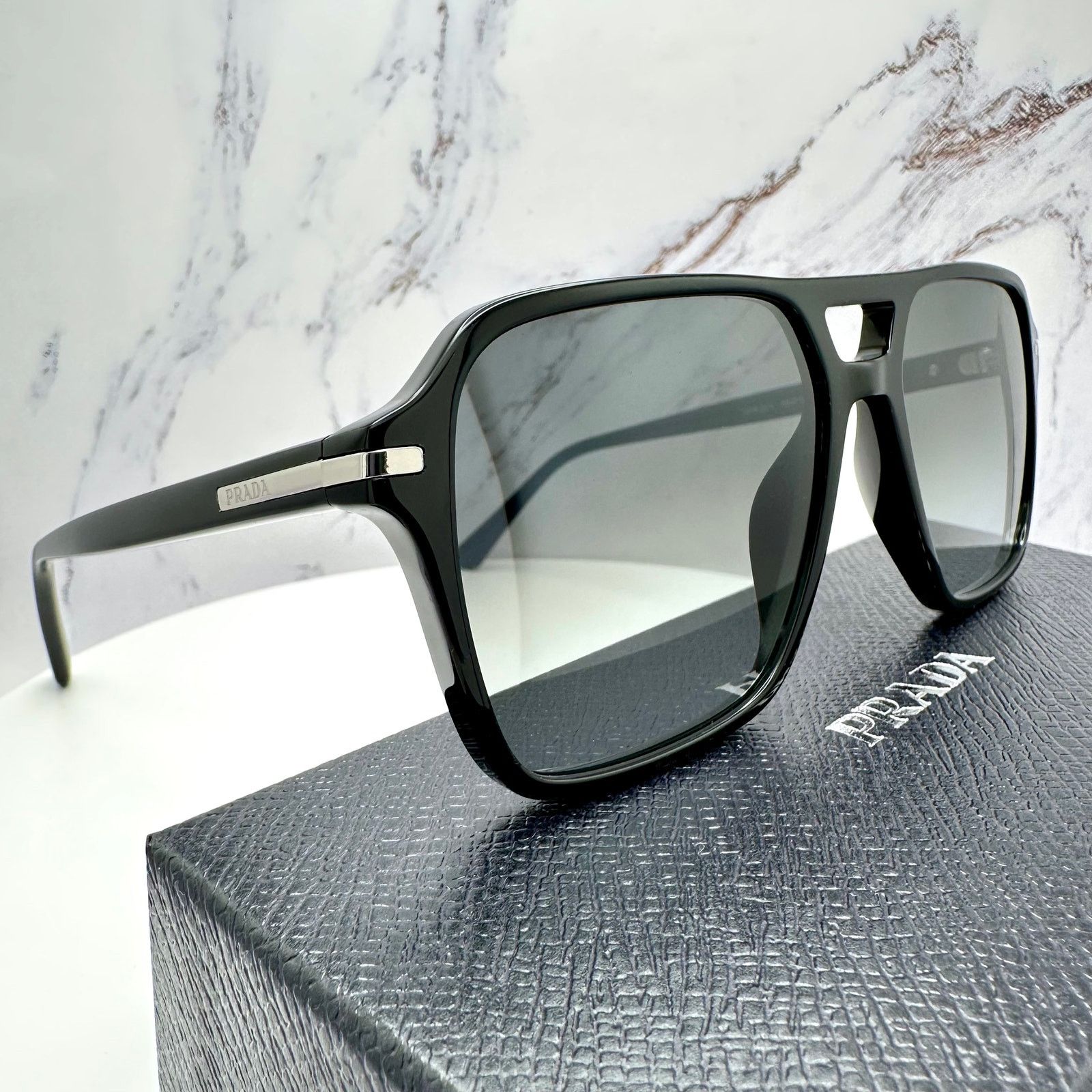 Prada NEW PRADA Sunglasses Black Aviator Pilot Grey Lens Side Logo Size ONE SIZE - 13 Thumbnail