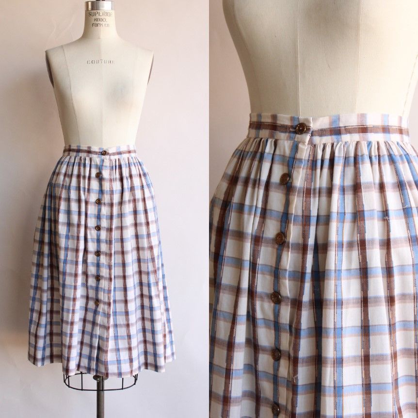 Vintage Vintage 1960s 1970s Skirt, Plaid Blue and Brown Check Tartan Size 30" / US 8 / IT 44 - 1 Thumbnail