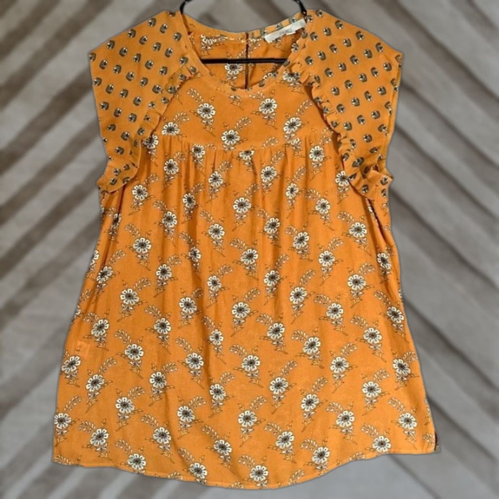 Loft LOFT Blouse Floral Cap Sleeve Button Back Closure Medium Womens Mustard Yellow Size M / US 6-8 / IT 42-44 - 1 Thumbnail