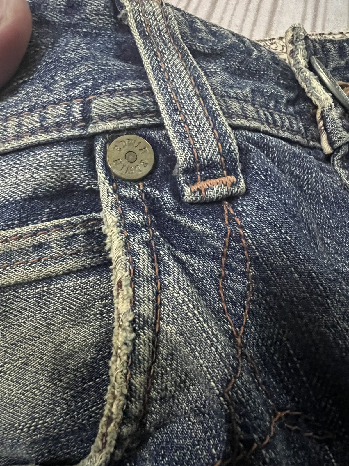 If Six Was Nine 💥Flare💥 Edwin 503 Blue Trip Eagle Model Distress Jean Size US 33 - 11 Thumbnail