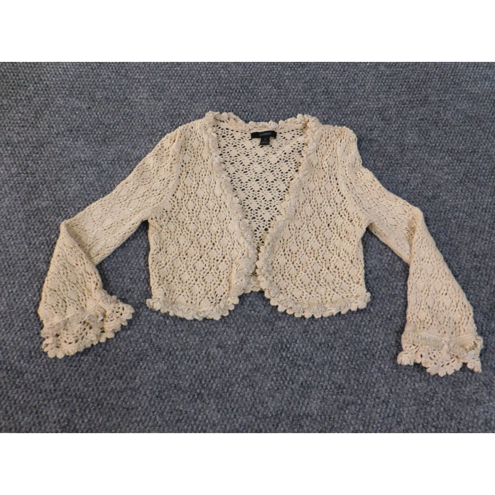 Express Express Womens Medium beige open eyelet shawl hollow cardigan Shirt? Size M / US 6-8 / IT 42-44 - 2 Thumbnail
