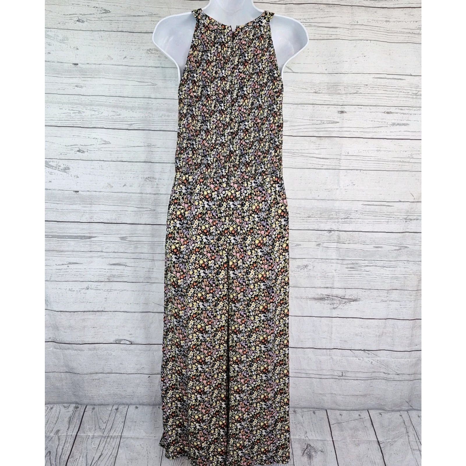 Loft LOFT Ann Taylor Womens Jumpsuit 10P Pink Yellow Floral Smocked Sleeveless Zip Viscose Multicolor Petites White Space Size 32" / US 10 / IT 46 - 3 Thumbnail