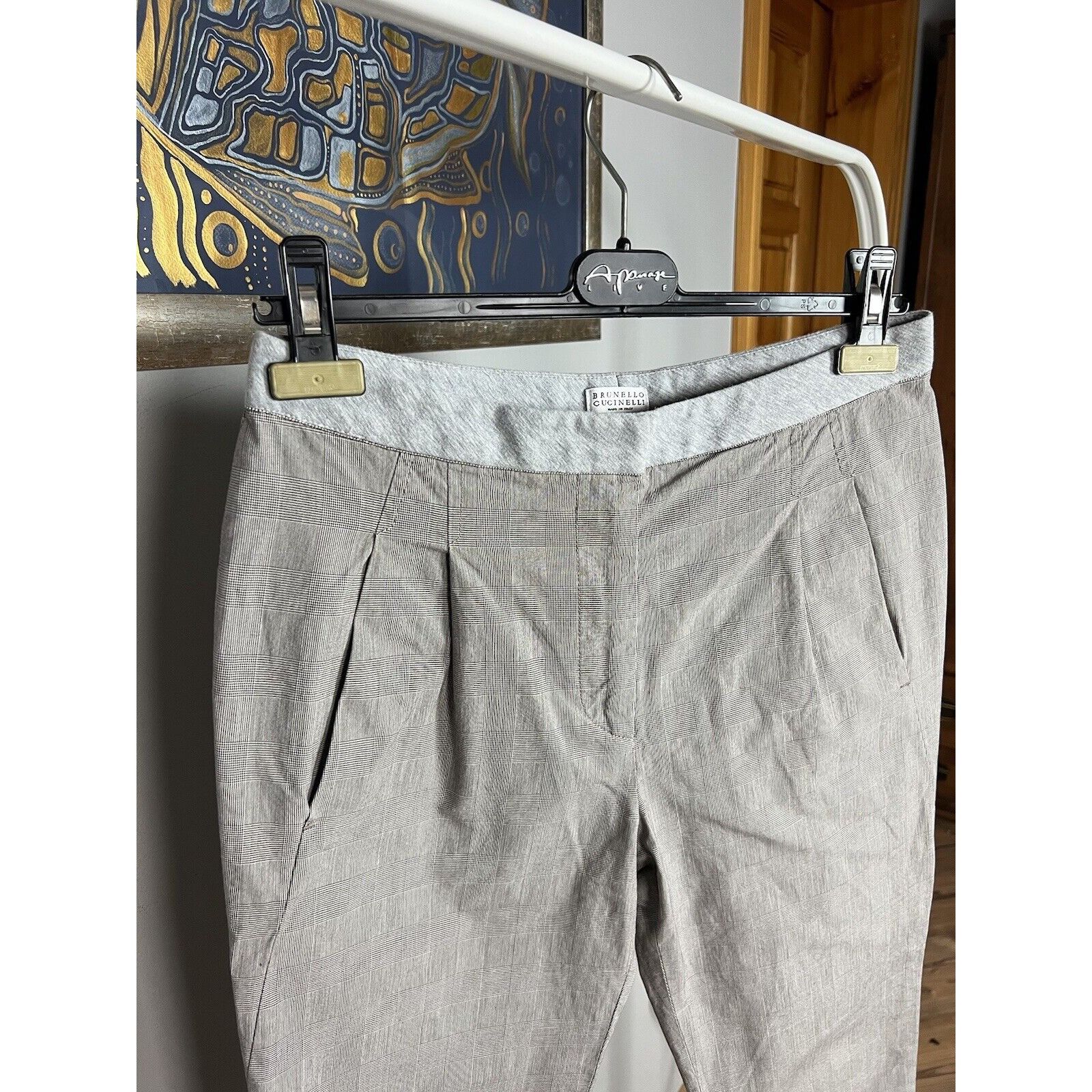 Brunello Cucinelli Women`s Gray Checked Straight Pants Size