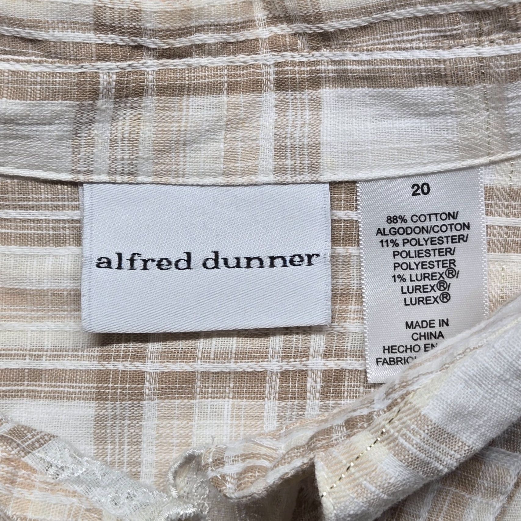 Vintage Alfred Dunner Button Up Shirt Women's 20W Tan Brown Checkard Check 3/4 Sleeve Size 3XL / US 20-22 - 3 Thumbnail