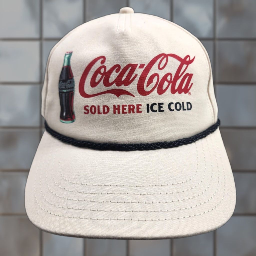 American Needle VINTAGE American Needle Coca-Cola Hat Cap Snap Back Tan Rope Advertising USA Mens Adjustable One Size Beige Twill Front Print 90s Classic Size ONE SIZE - 1 Thumbnail