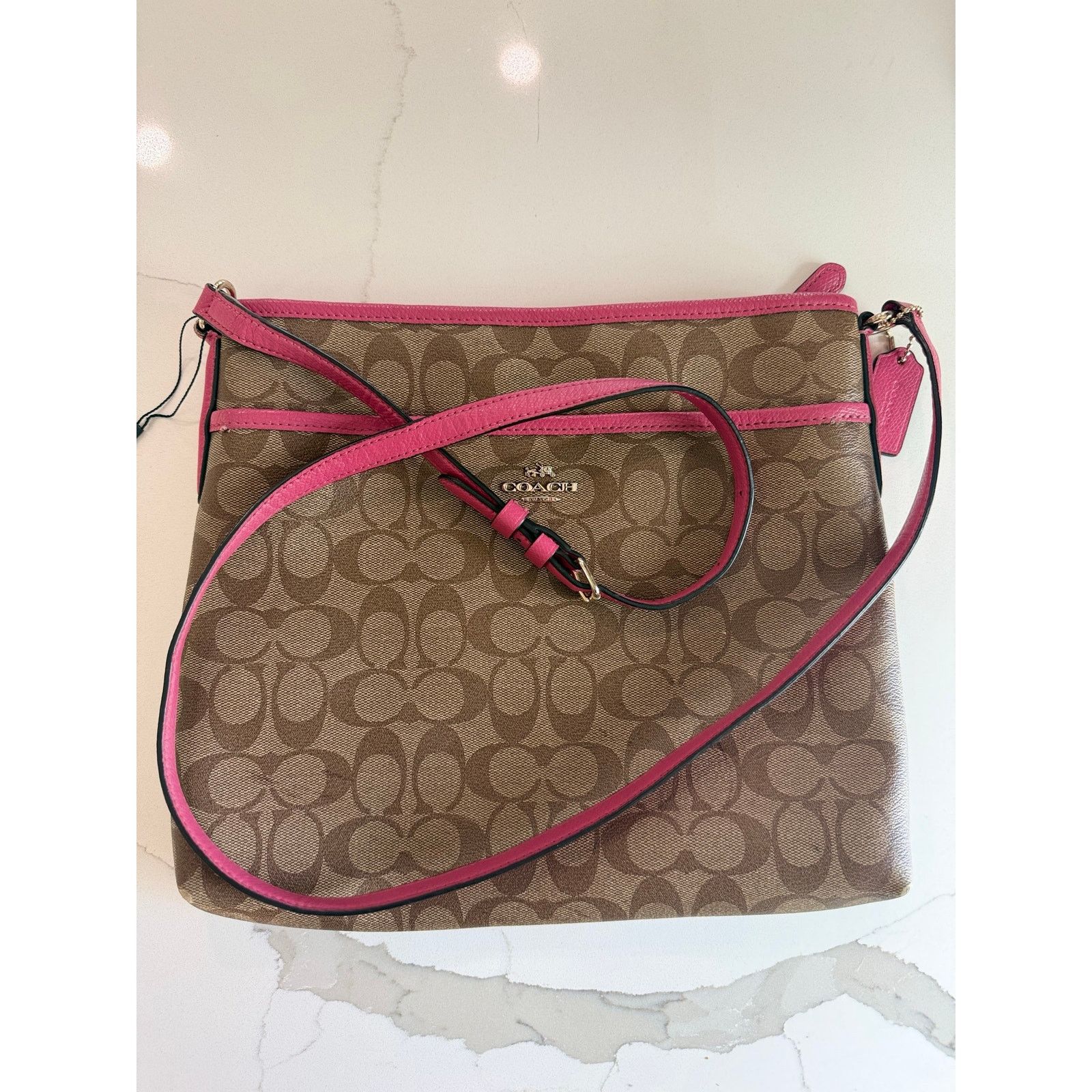 Coach Coach Signature File Bag Crossbody Khaki Pink Leather Trim Size ONE SIZE - 17 Thumbnail
