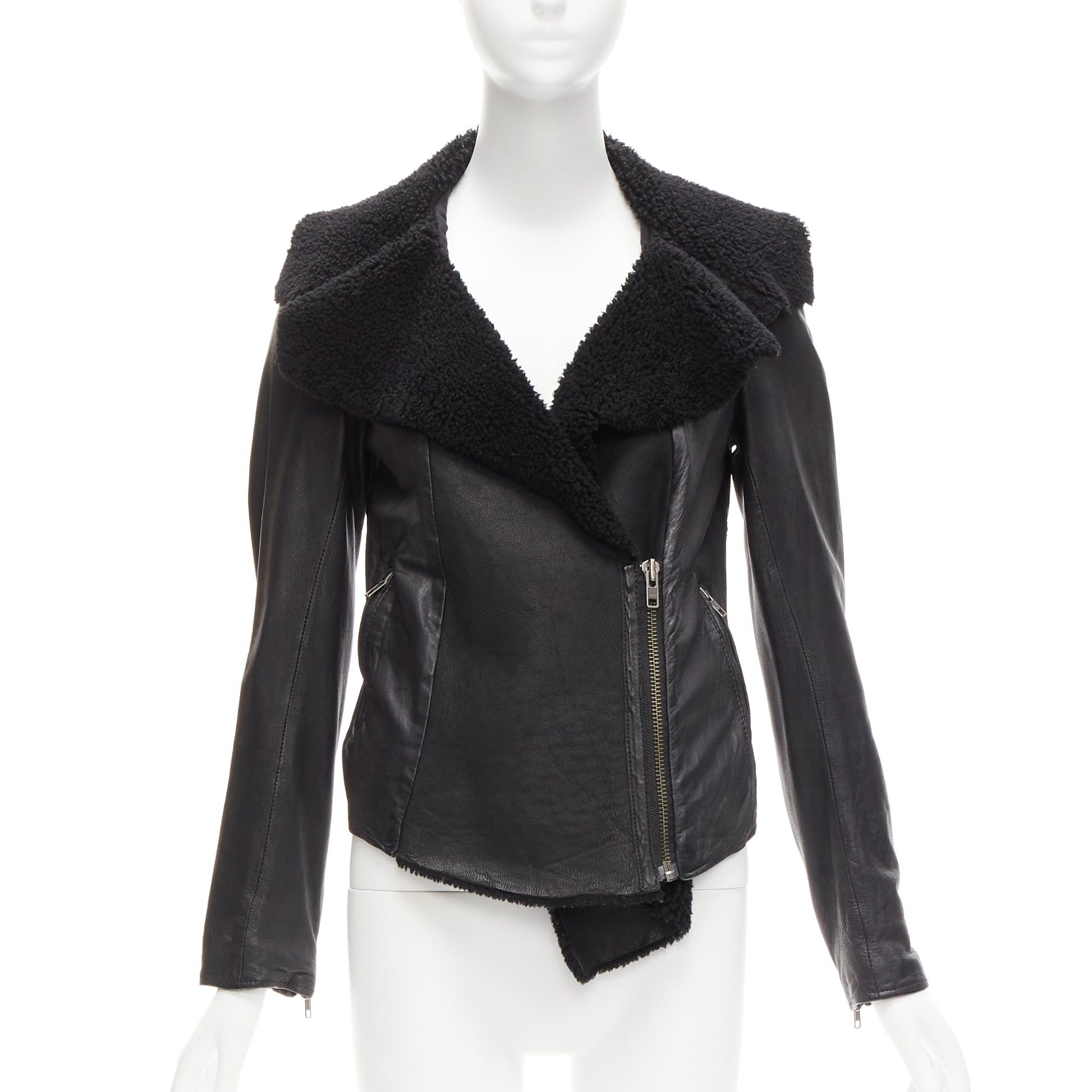 Allsaints ALL SAINTS Nene black sheepskin leather shearling lined biker jacket UK8 S Size S / US 4 / IT 40 - 1 Thumbnail