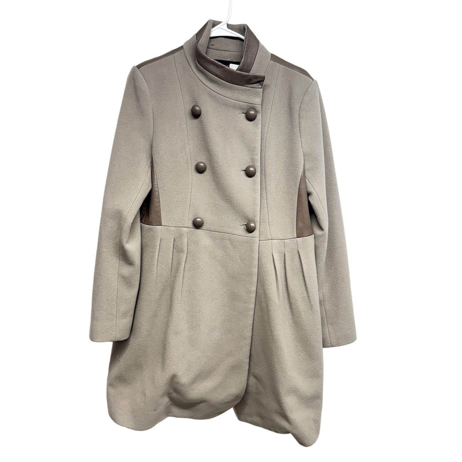 Badgley Mischka Badgley Mischka Beige Wool Pea Coat Leather Trim Jacket LG Size L / US 10 / IT 46 - 1 Thumbnail