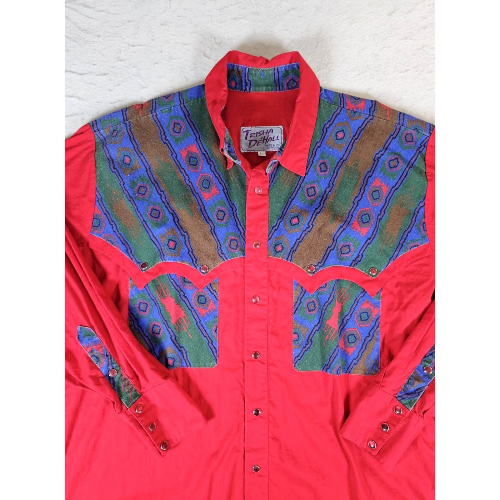 Vintage VINTAGE Trisha DeHall Western Shirt Lg Long Sleeve Rockabilly Cowboy Red Aztec Pearl Snap Mens Size US L / EU 52-54 / 3 - 2 Thumbnail
