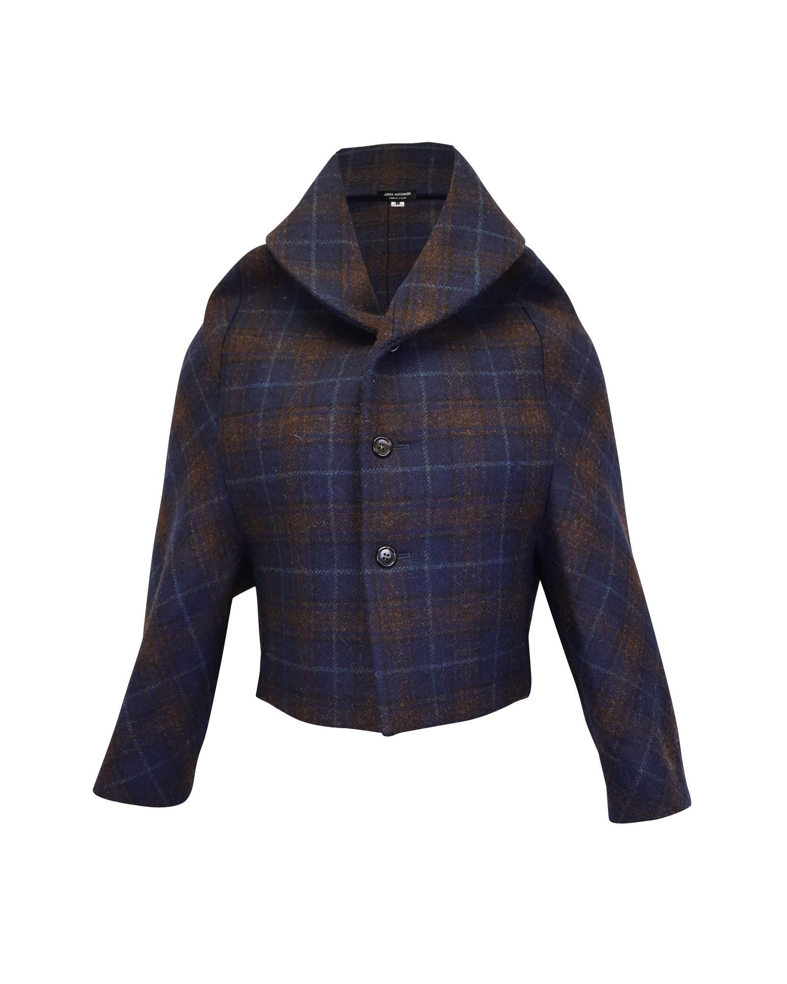 image of Junya Watanabe Blue Checked Boxy Jacket In Wool, Women's (Size XS)