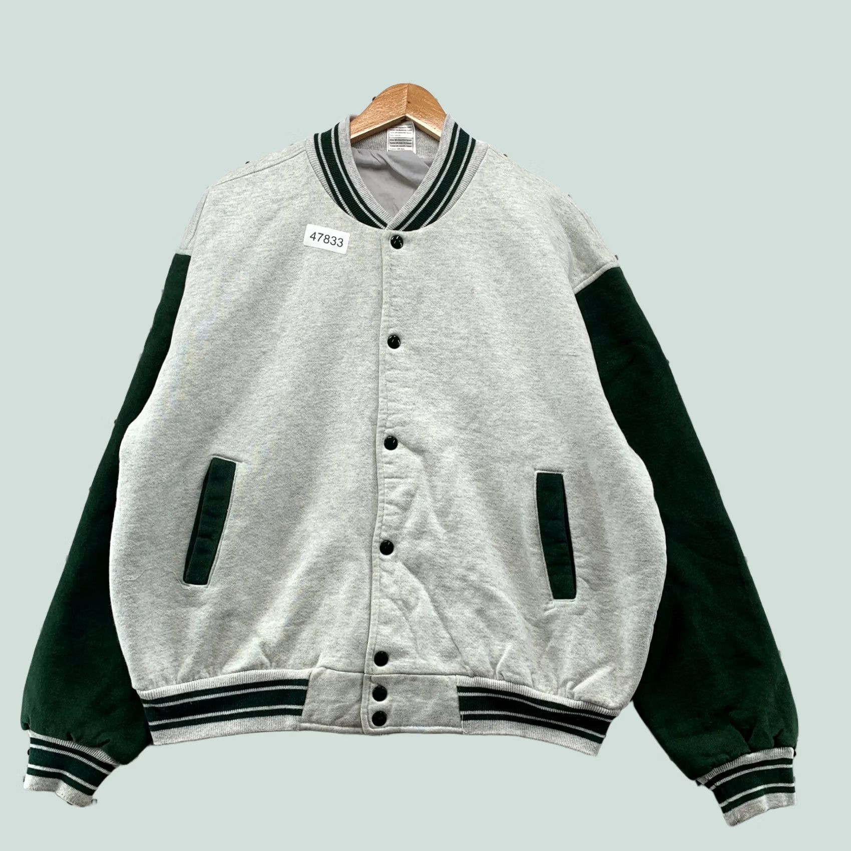 Fruit Of The Loom VINTAGE Fruit of the Loom Varsity Jacket Mens XL Gray Green Cotton Fleece Snap 90s USA Size US XL / EU 56 / 4 - 1 Thumbnail